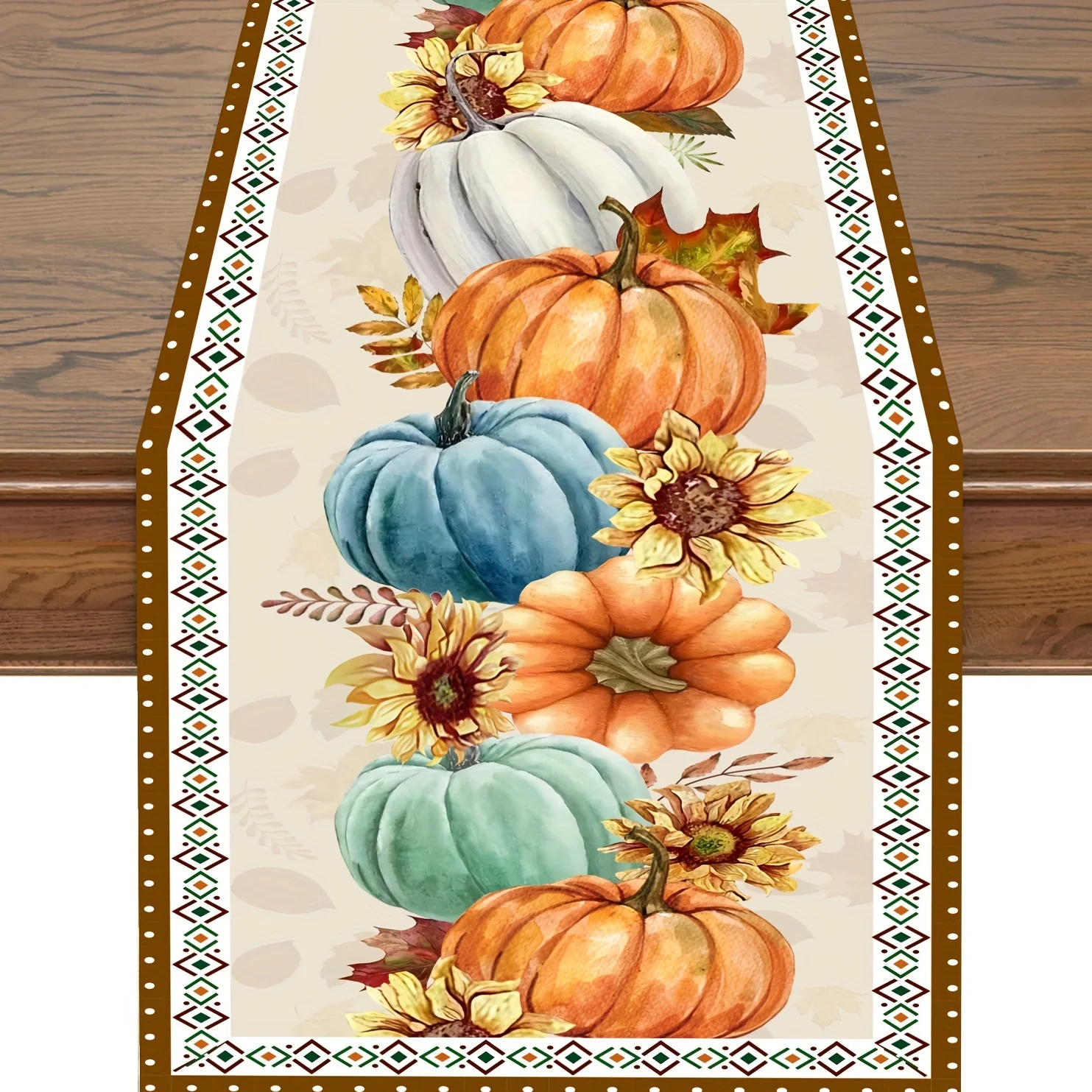 1 Stück Herbst-Kürbis-Sonnenblumen- und Stammesmuster-Tischläufer, festliche Erntefest-Essdekoration für Thanksgiving und gemütlicher Herbst Image