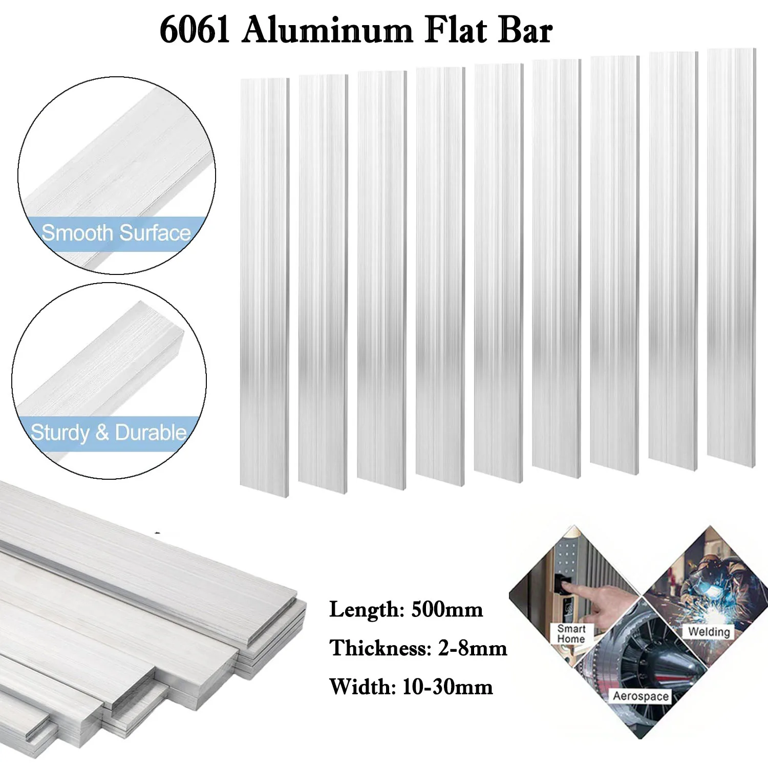 1 Stück 500 mm 6061 Aluminium-Flachstange, solide rechteckige Metallplattenstreifen für Heimwerker/Bearbeitung/Bau Image
