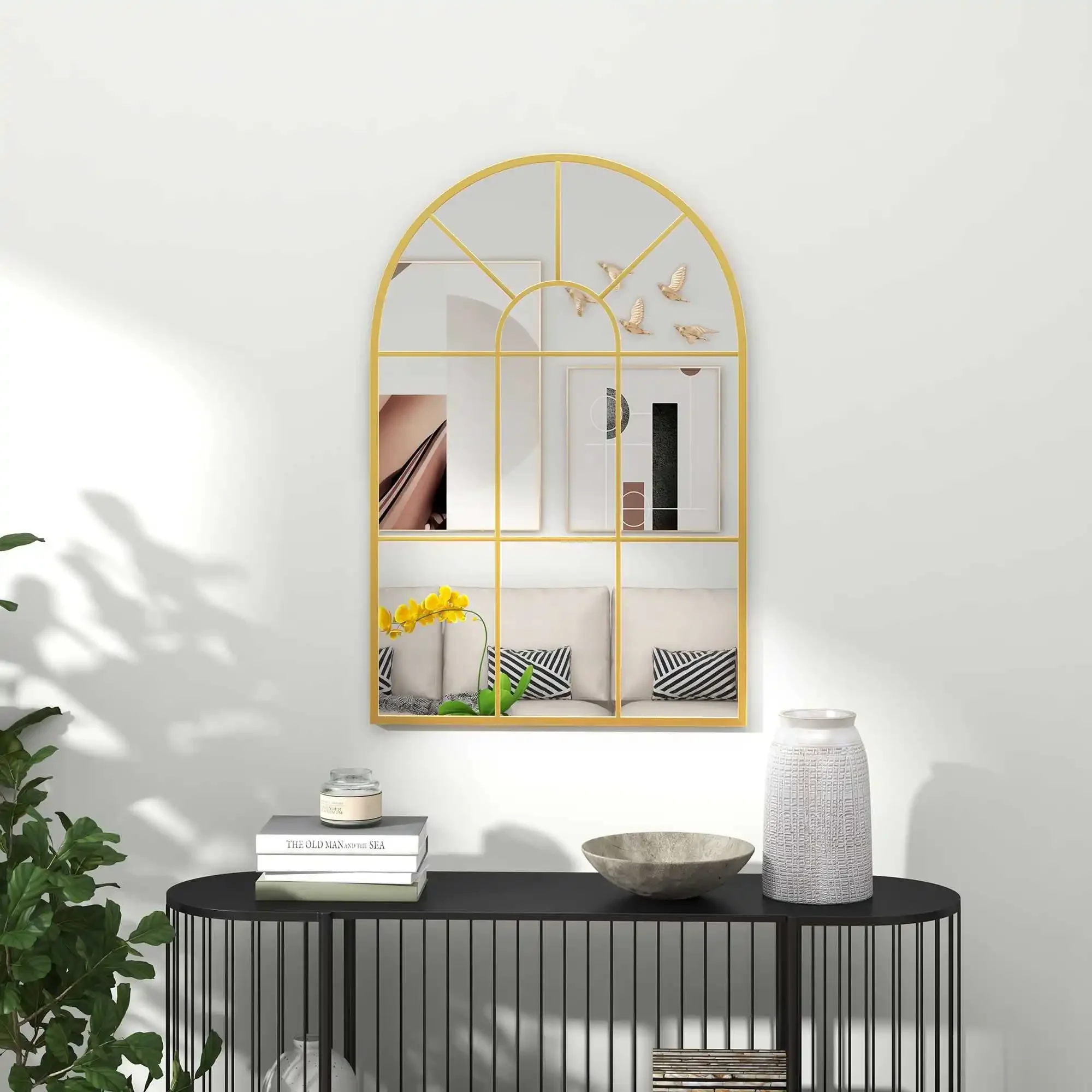 Wandspiegel, Fensterspiegel, 91 x 60 cm, dekorativ, mit Metallrahmen, Hängespiegel für Wohnzimmer, Schlafzimmer, in Gold