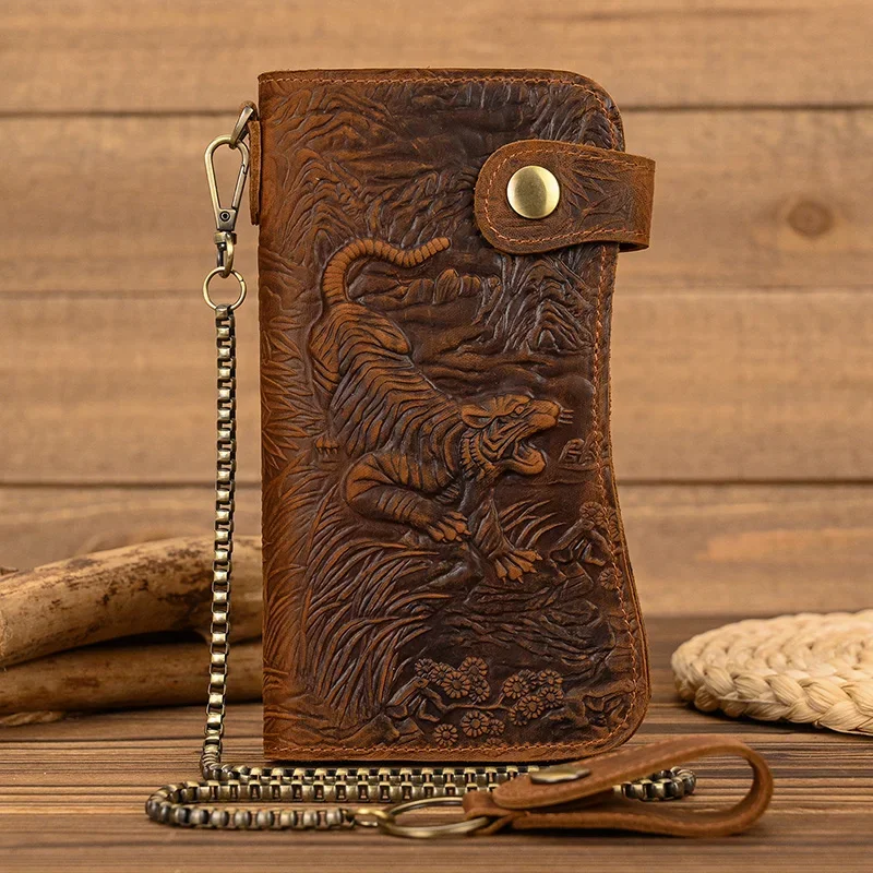 Herren-Geldbörse aus echtem Leder mit Kette und Schnappverschluss, Bifold-Geldbörse, Crazy Horse-Leder, Kartenetui, Handy-Kartenhalter, Clutch, Drachen-Geldbörse Image