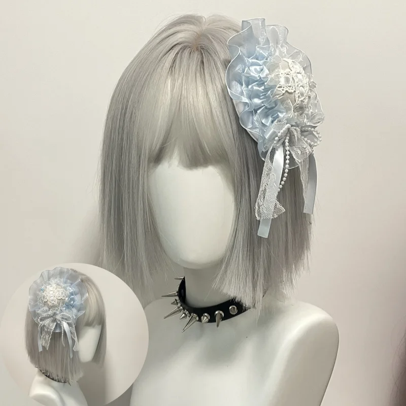 Neue Original Wasser Blau Y2K Gothic Zylinder Lolita Handgemachte Spitze Schleife Kleine Haar Zubehör Subkultur Mode Gothic Kopfschmuck