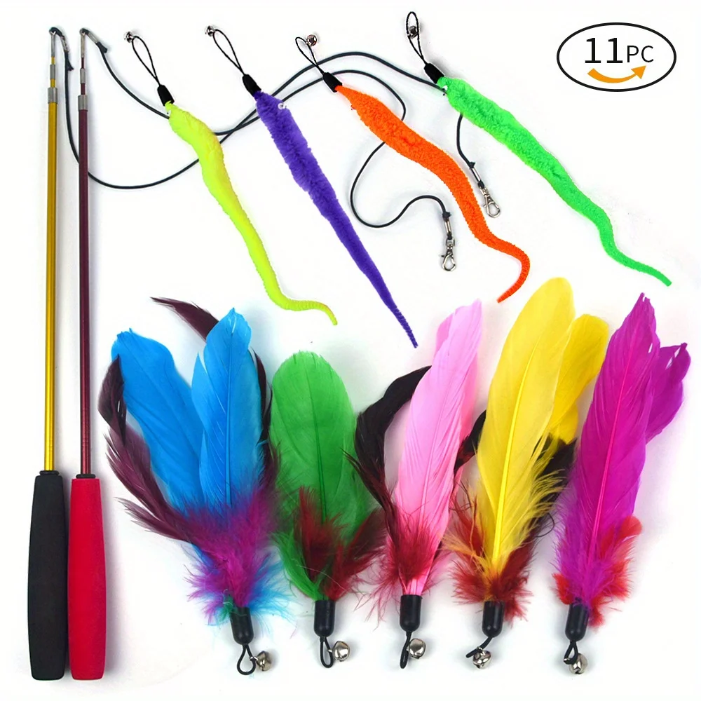 11er-Pack einziehbare Angelrute, lustige Katzenstäbe, Haustier, Raupe, Feder, Ersatzkopf, Katzenspielzeug, interaktive Haustierprodukte Image