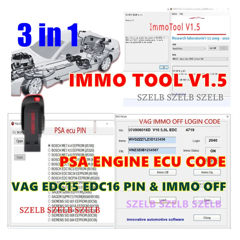 3in1 IMMO Tool V1.5+PSA MOTOR ECU CODE + VAG EDC15 EDC16 PIN & IMMO OFF Bypass Wegfahrsperre für EEPROM Disable Immo in PSA EDC15 Image