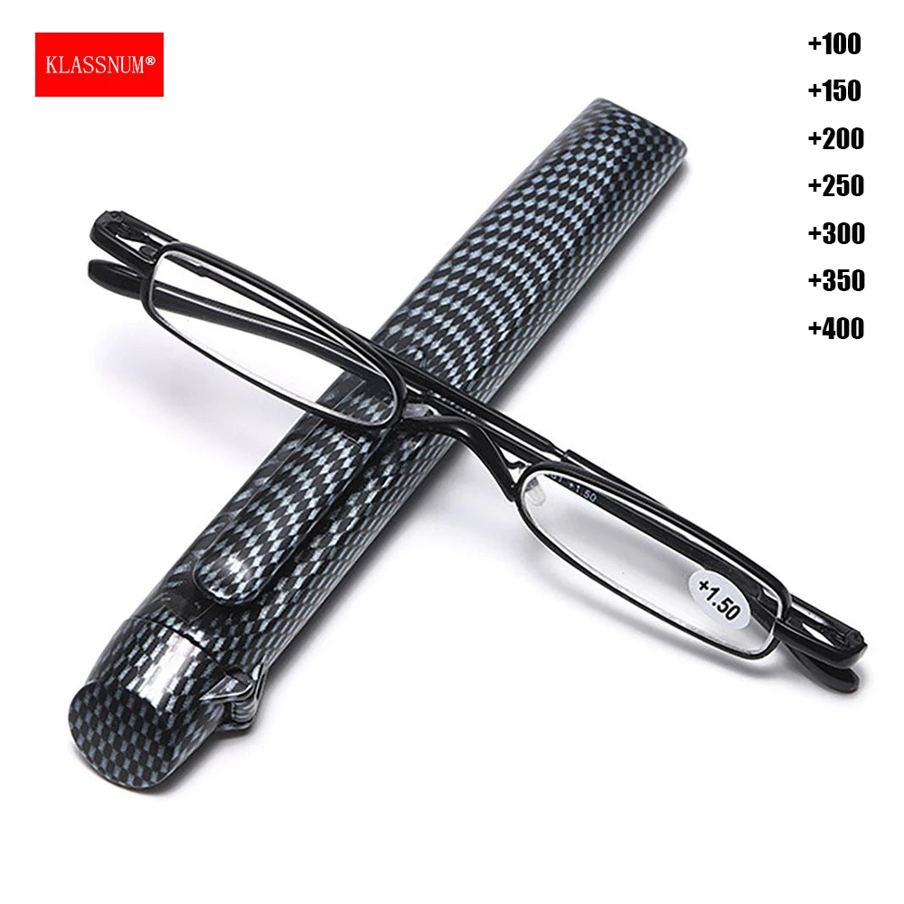 KLASSNUM Tragbare Vergrößerungs-Lesebrille für Herren, schmaler Metallrahmen mit Stiftetui, ultradünne Damen-Plus-Presbyopie-Brille +1,0
