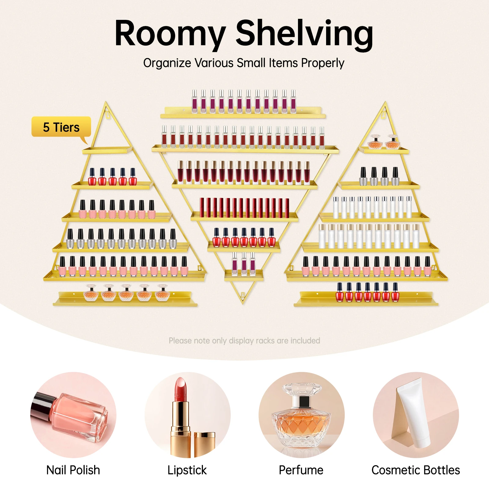 6-teiliges goldenes Dreieck-Wandregal aus Eisenmaterial, 50 kg Tragfähigkeit, 66 x 7 x 70 cm, Einzelstück, Größe 6,5 kg, kosmetische Aufbewahrung