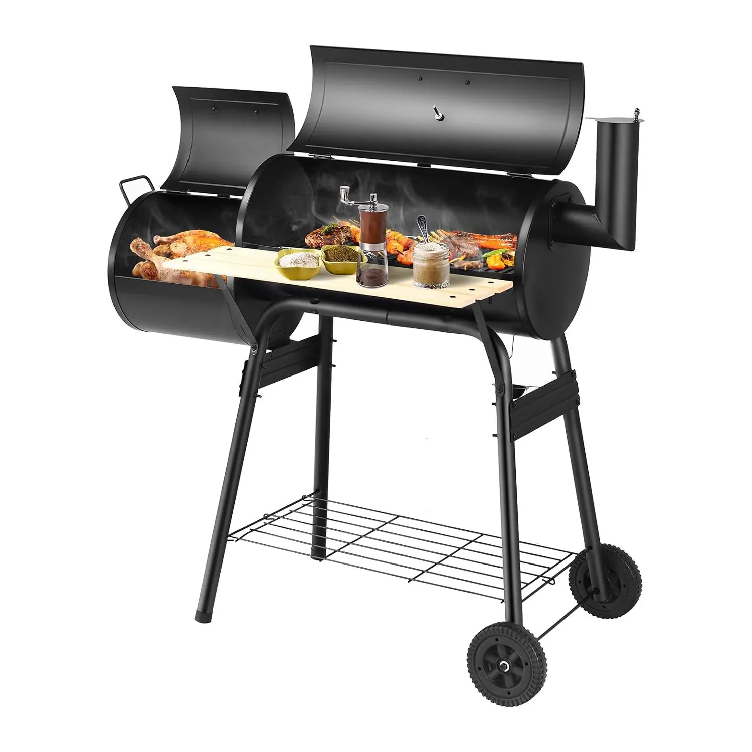 Holzkohlegrill mit Deckel, Rauchgrillen, Grillwagen mit seitlicher Feuerbox, Beistelltisch, Regal, Holzgriffe, Holzkohlegrill Image