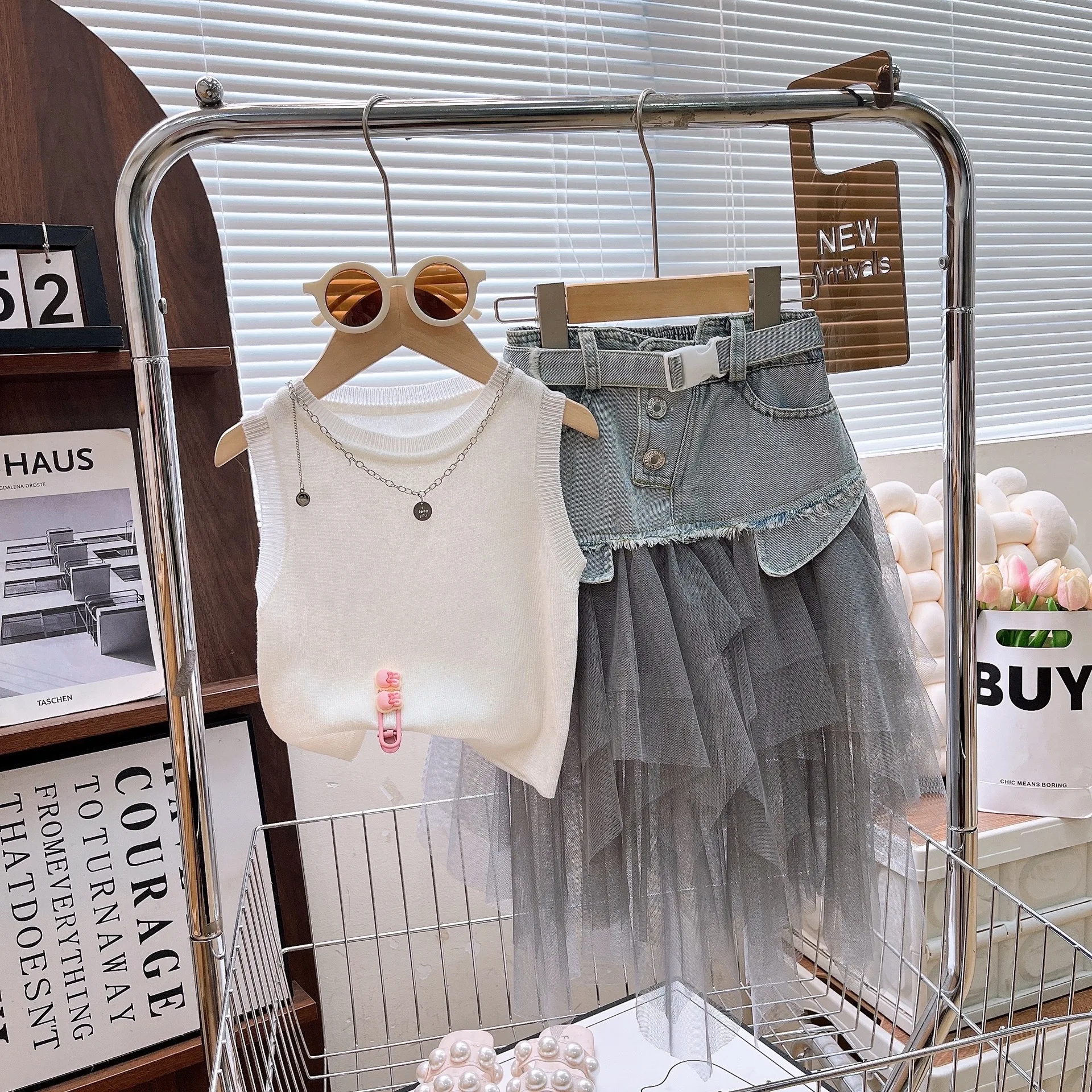 Kinder Kleidung Sets Ärmelloses Kleid + Unregelmäßigen Denim Mesh Patchwork Rock Baby Mädchen Outfit Set Baby Mädchen Kleidung Image