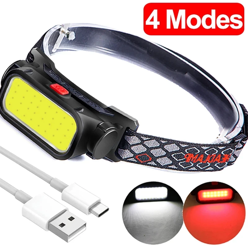 Tragbare, leistungsstarke LED-Stirnlampen, 4 Modi, wiederaufladbarer USB-COB-Scheinwerfer mit rotem Licht, wasserdichte Nachtangeln-Stirnlampe, Taschenlampe Image