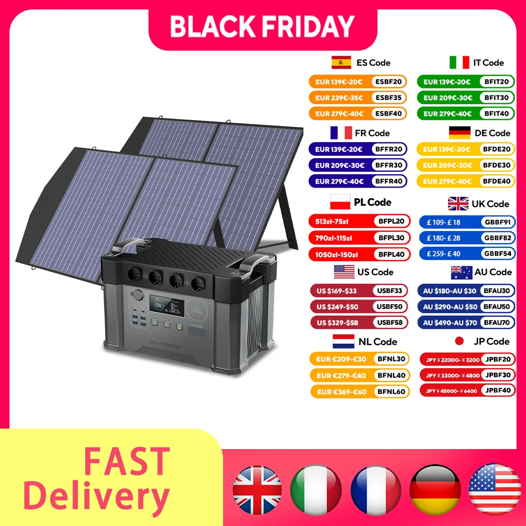 ALLPOWERS Solargenerator 2400 W Batterieladegerät, 110 V/230 V reiner Sinuswellen-AC-Steckdose mit 2 x 100 W tragbarem Solarpanel für den Außenbereich Image