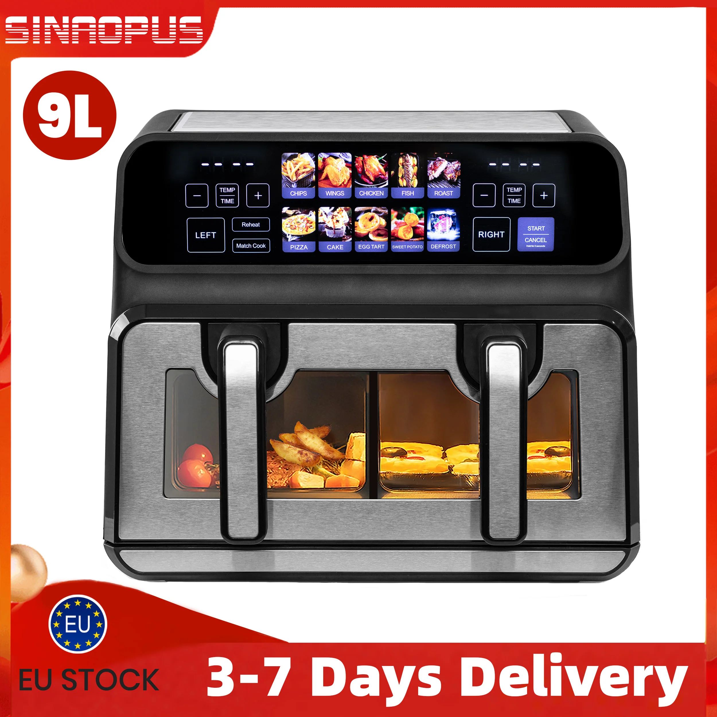 Sinaopus Heißluftfritteuse 2200W Doppelkorb 9 L XXL Multifunktionale Heißluftfritteuse Automatische Programme mit LED-Touchscreen und Timer Image