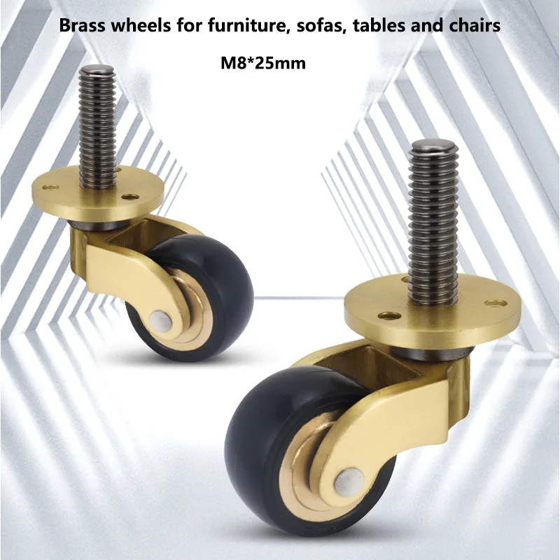 4 Stück Vintage-Rollen aus massivem Messing – 2,5 cm große, geräuschlose Schwenkräder mit Gewindeschaft für Sofa/Stuhl/Möbel