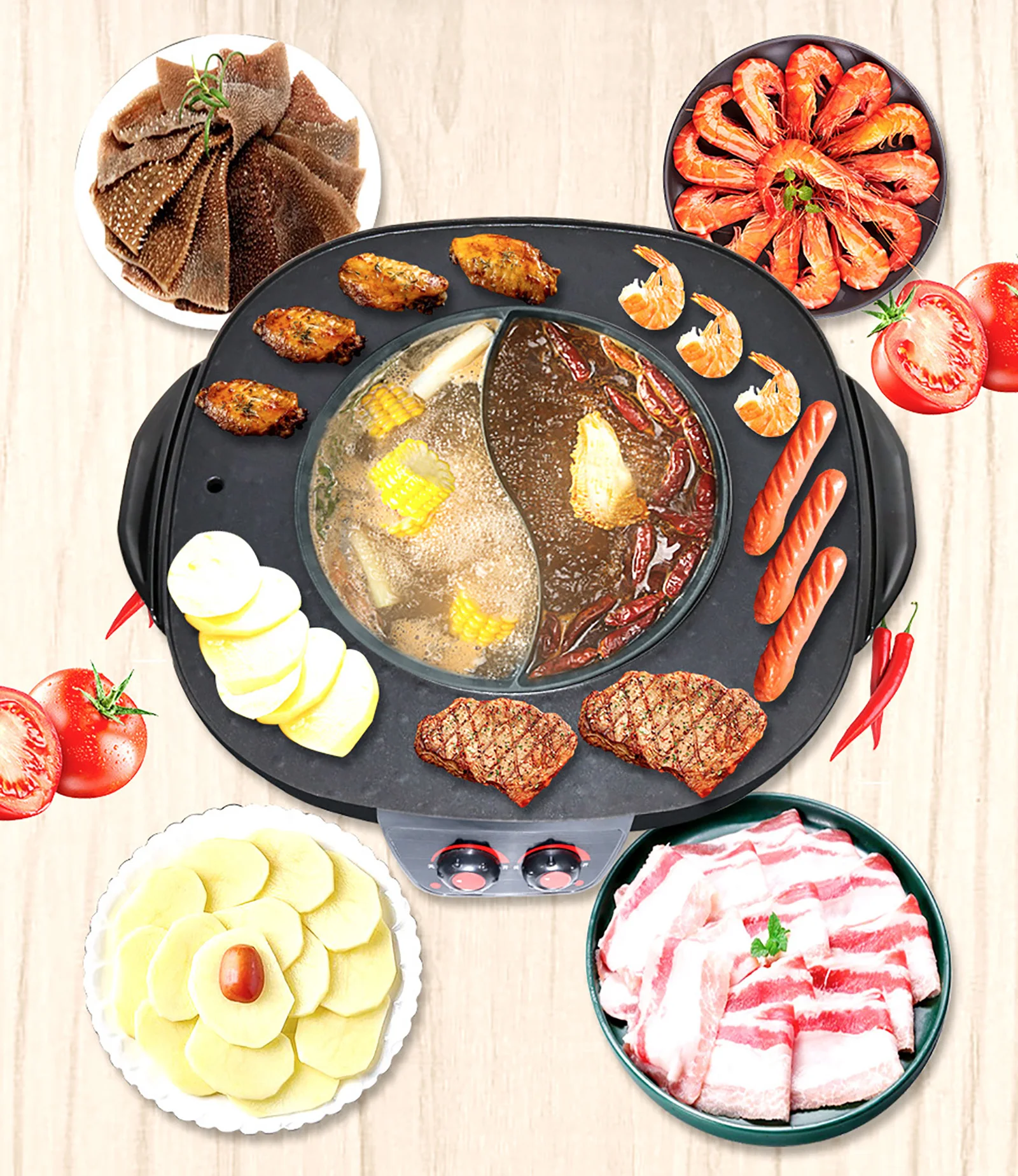 Shabu Hot Pot mit Barbecue-Grill, 2-in-1, elektrisch, antihaftbeschichtet, rauchfrei, für Familien und Freunde, zum Sammeln von Speisen, Partys Image