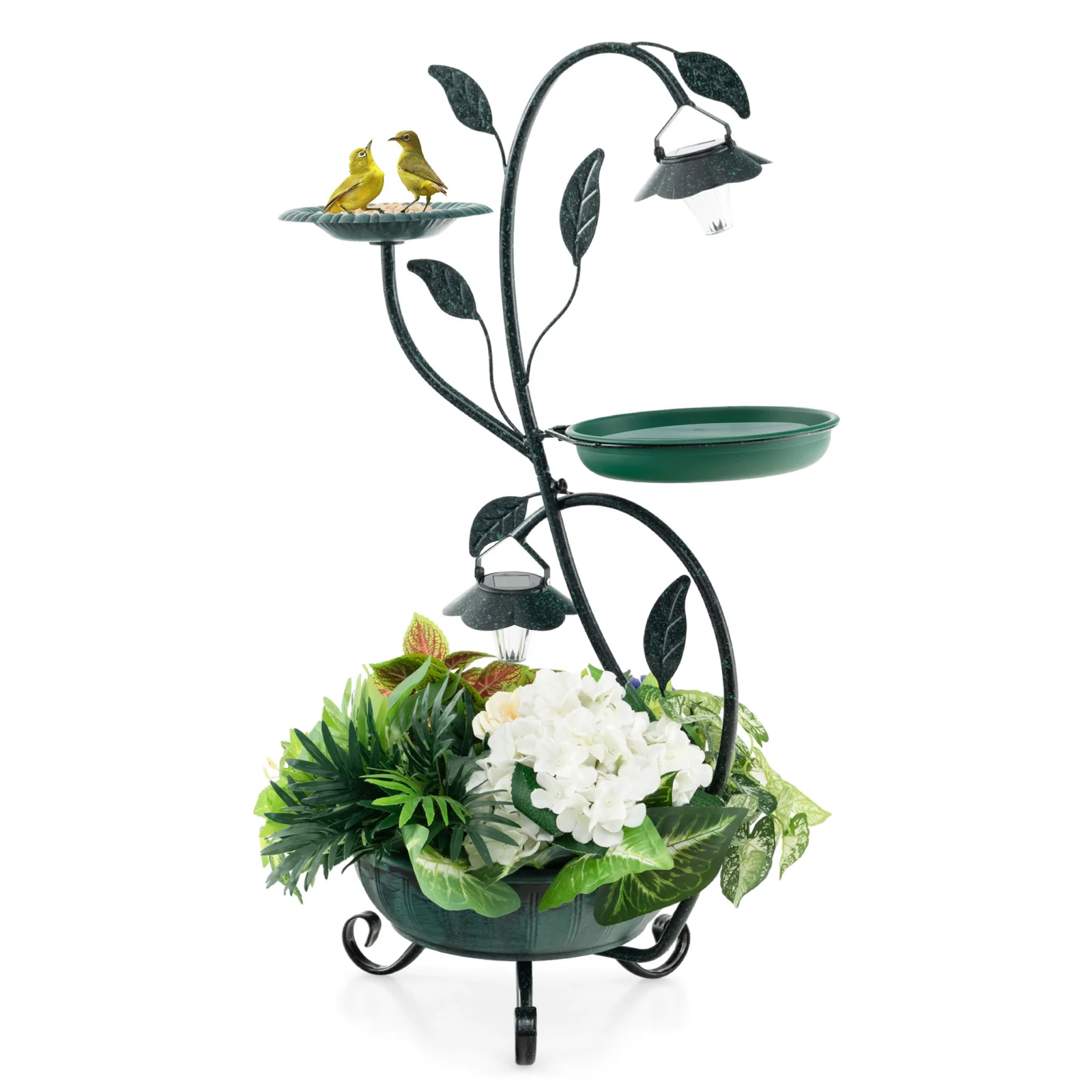 Vogelbad mit Solarbeleuchtung, Vogelbad-Futterspender-Blumentopf, Metall, 83 cm, Vogelfutter-Dekoration, Blumenkasten Image