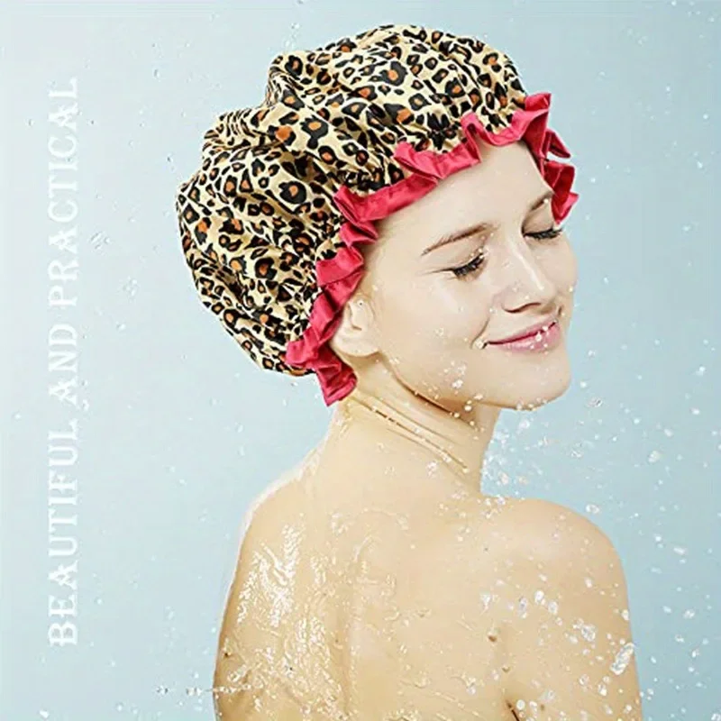 1PC Wasserdichte Dusche Kappe Leopard Print Doppel Schicht Elastische Dusche Haar Abdeckung Wiederverwendbare Welle Punkt Dusche Kappe Bad Lieferungen