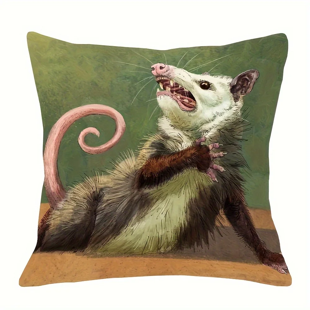 [Kissenbezug im Bauernhaus-Stil mit Reißverschluss] Moderner Plüsch-Kissenbezug mit Opossum-Aufdruck – Reißverschluss, Heimakzent im Bauernhaus-Stil Image