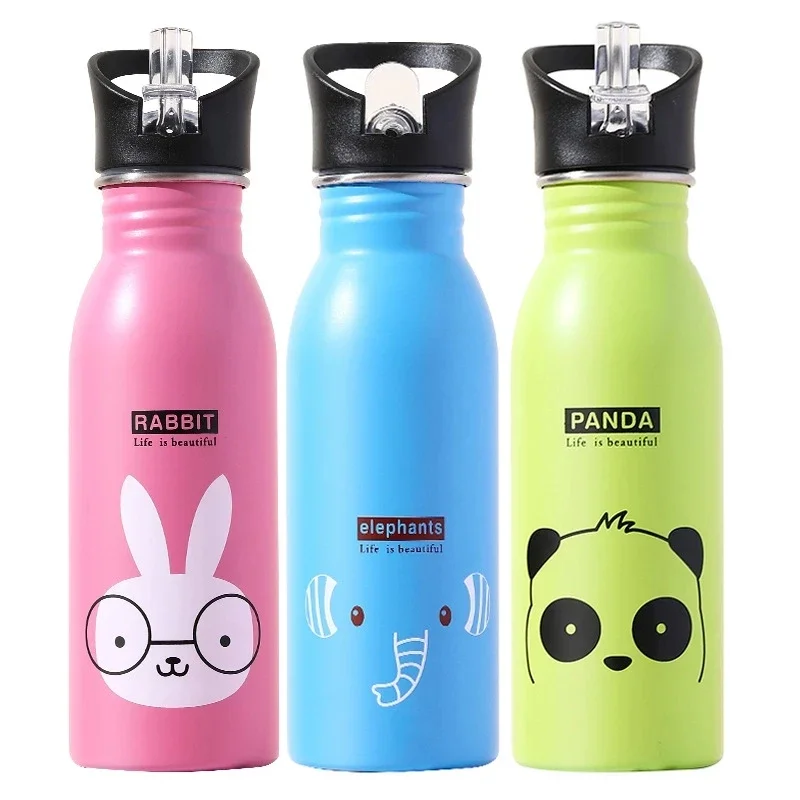 500 ml Edelstahl-Wasserflasche mit Strohhalm, Kawaii-Wasserflasche, Kinder-Sportflasche, auslaufsicher, langlebig, umweltfreundlich Image