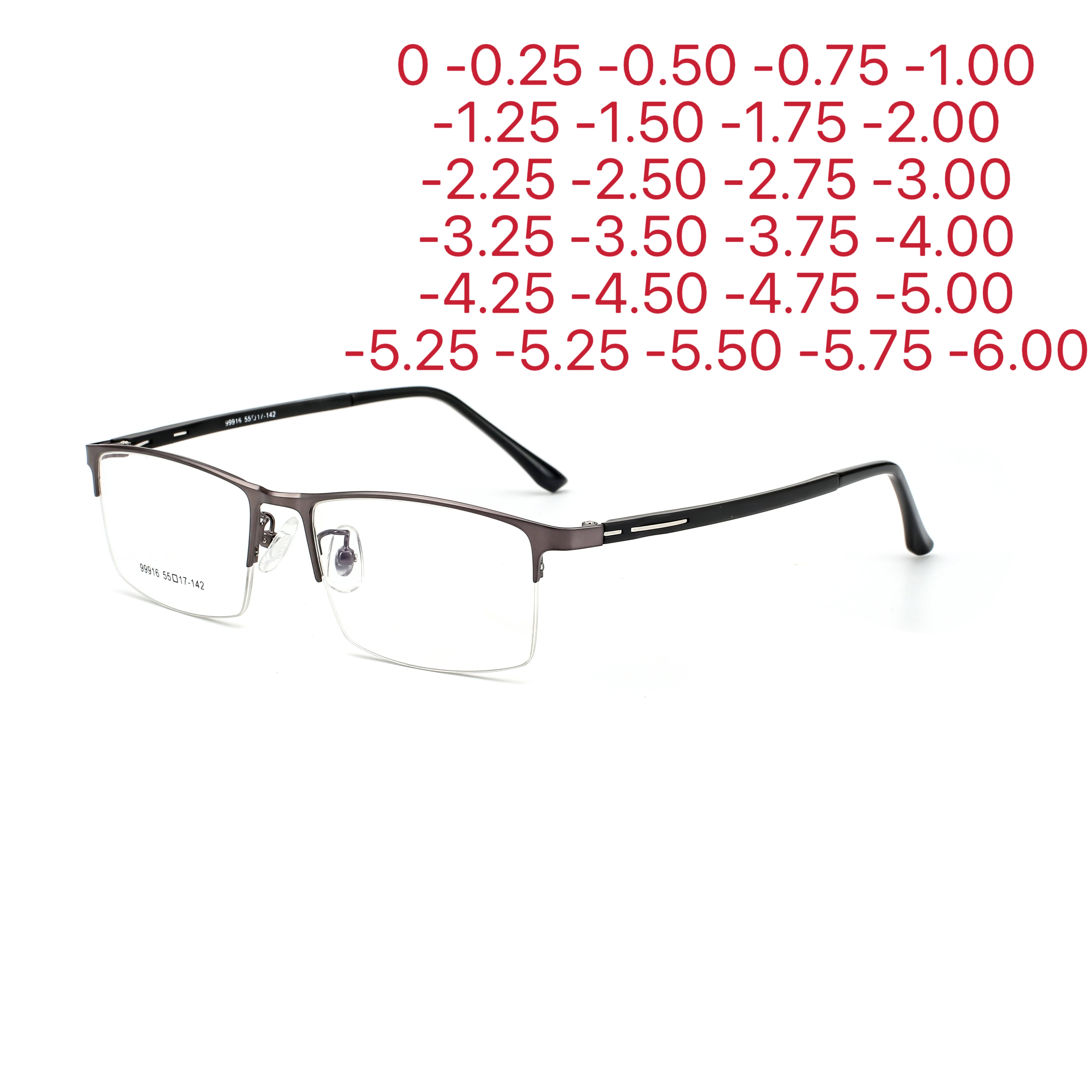 Halbrandlose Business-Brille aus dünnem Metall, klare Gläser und Anti-UV-Beschichtung, für Herren, quadratisch, Myopie, Rezept 0–0,5–0,75 bis–6 Image