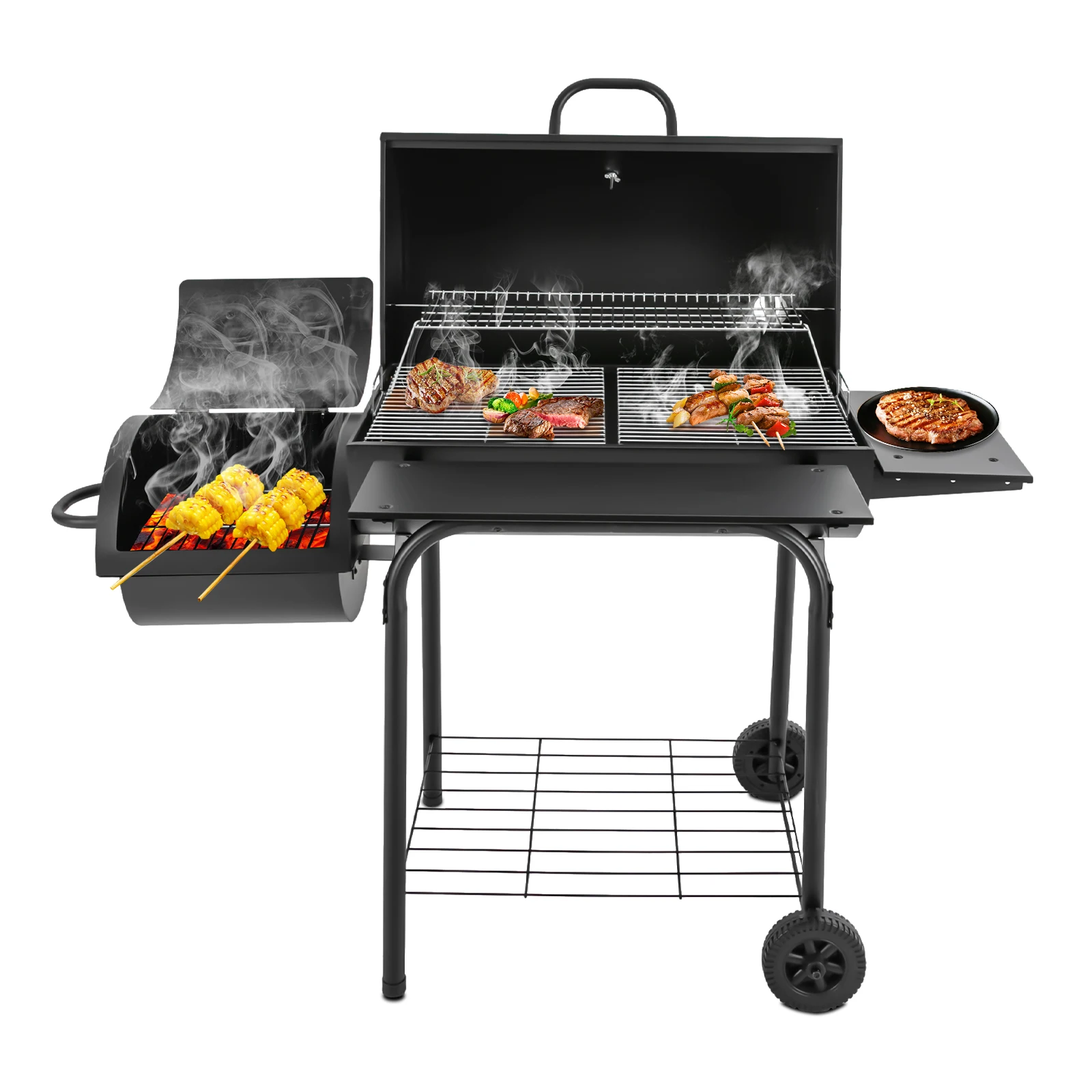 Holzkohlegrill für den Außenbereich, freistehender Holzkohlegrill mit Deckel und Rädern, schwarzer Holzkohlegrill für Gartencamping, 147 x 70 x 126 cm Image