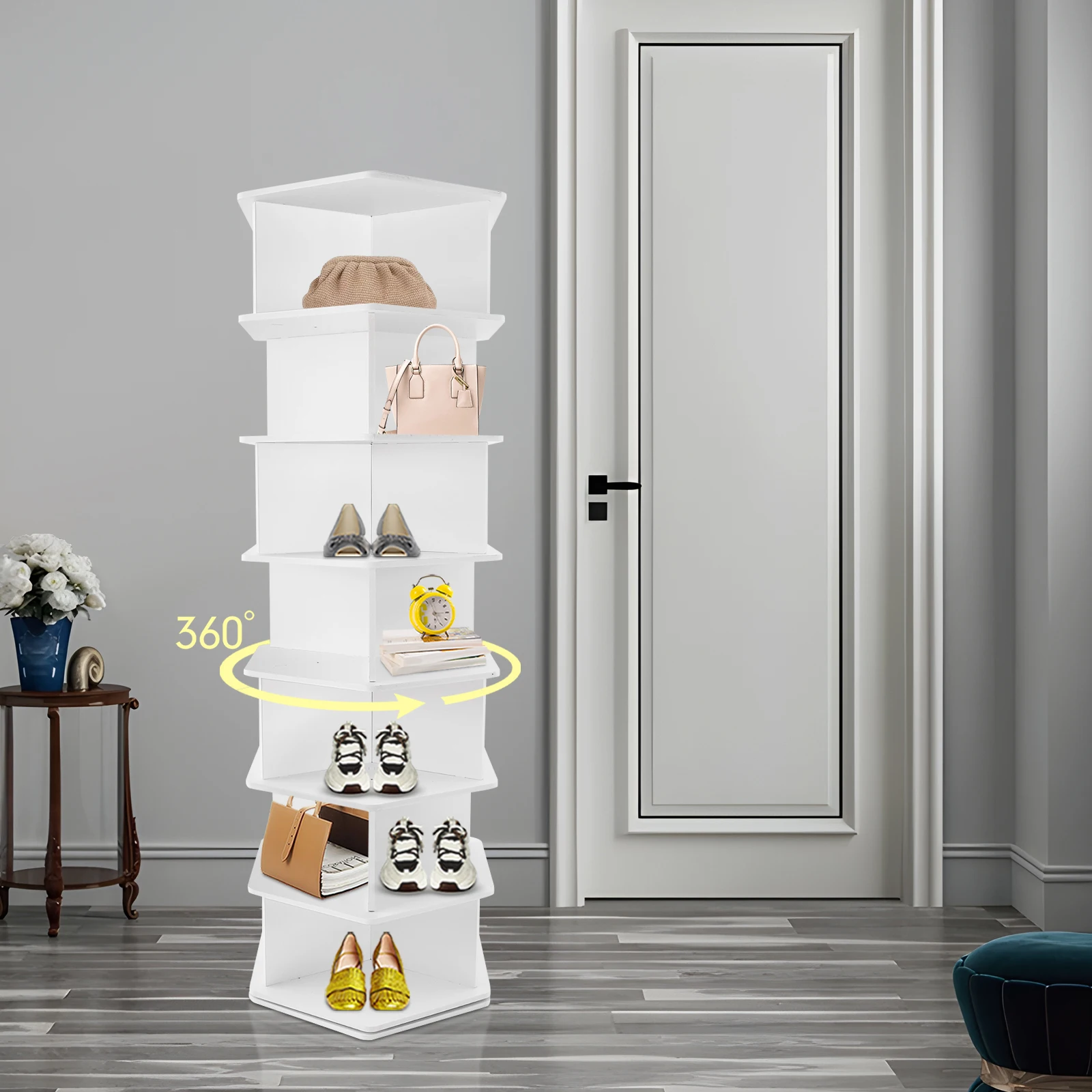 7-stufiges Schuhregal, 30 x 30 x 165,5 cm, drehbares Schuhregal, freistehender Schuh-Organizer zum Aufbewahren oder Präsentation von Schuhen, Taschen