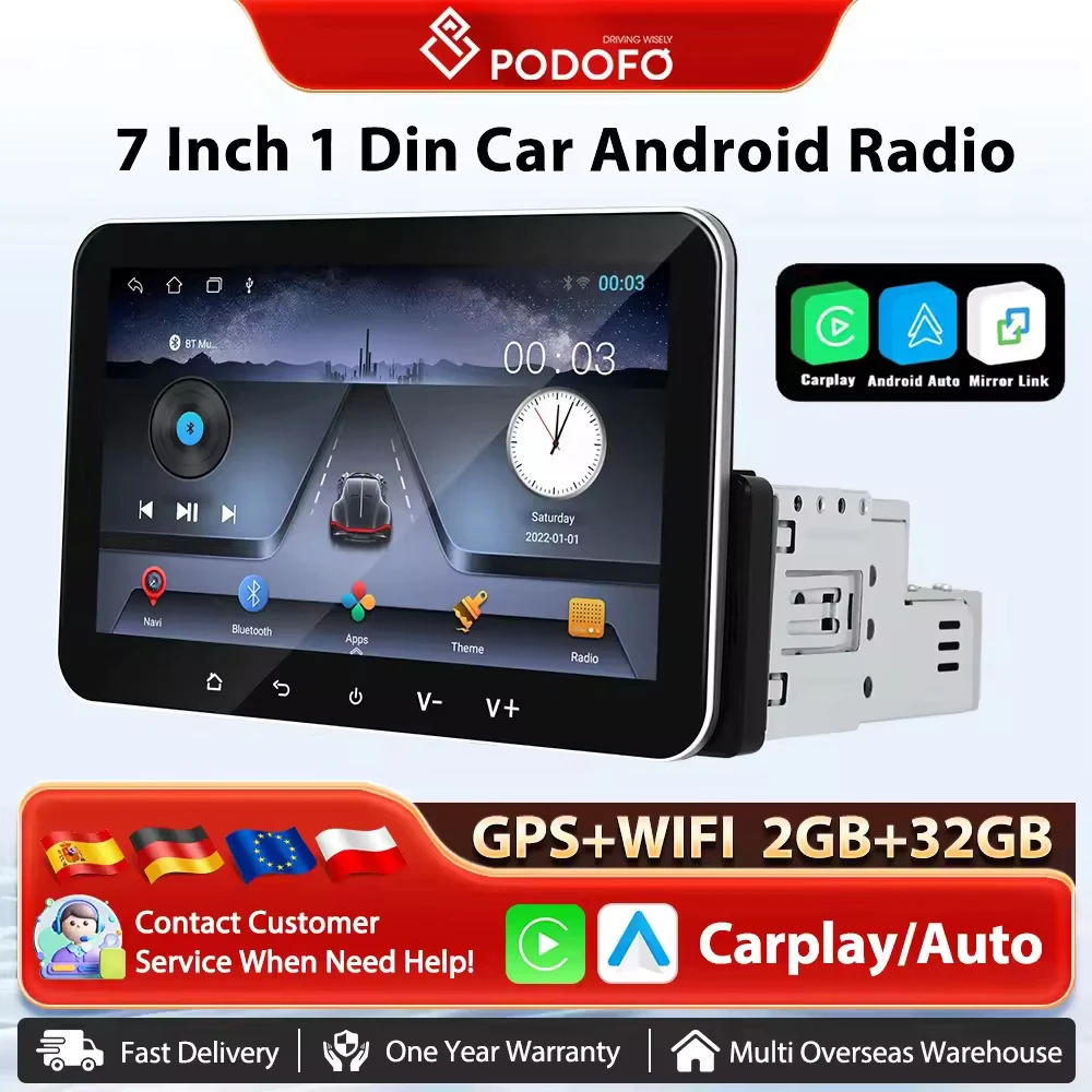 Podofo 2 + 32G Android 1 Din Auto Stereo Radio Drahtlose Carplay Multimedia Player WiFi GPS FM Radio Split-Screen FM Radio Empfänger Image