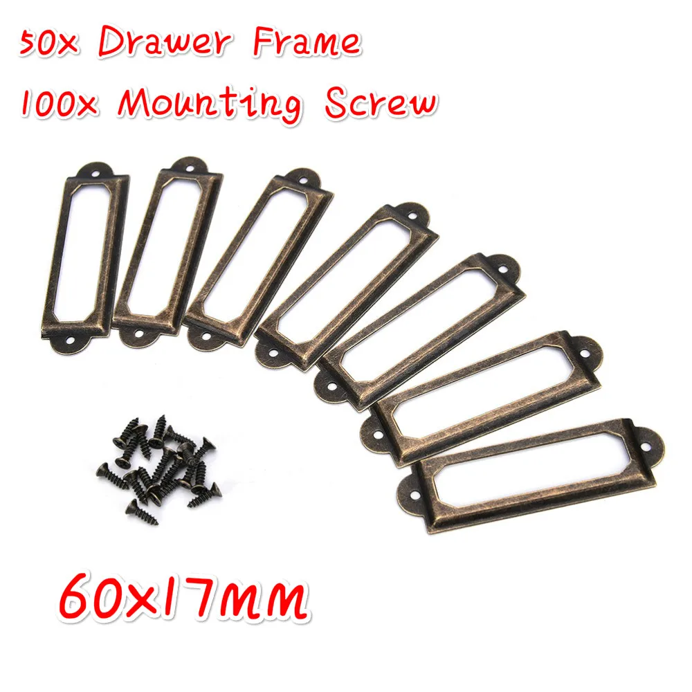 50Pcs Antike Messing Metall Label Pull Rahmen Griff Datei Name Karte Halter Möbel Hardware Für Möbel Schrank Schublade Box fall