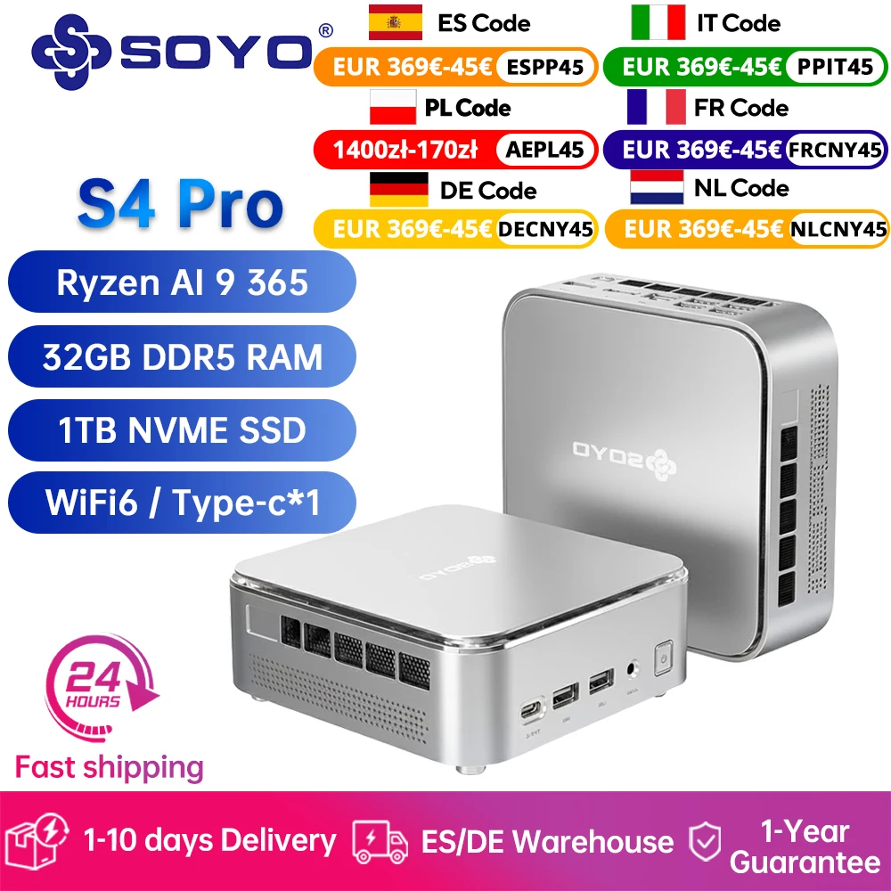 SOYO S4 Pro Mini-PC AMD Ryzen Ai 9 365 10 Core CPU 32 GB DDR5 1 TB PCIE3.0 SSD 4K@120 Hz WiFi6 BT5.2 Win11Pro Mini-Gaming-Computer Image