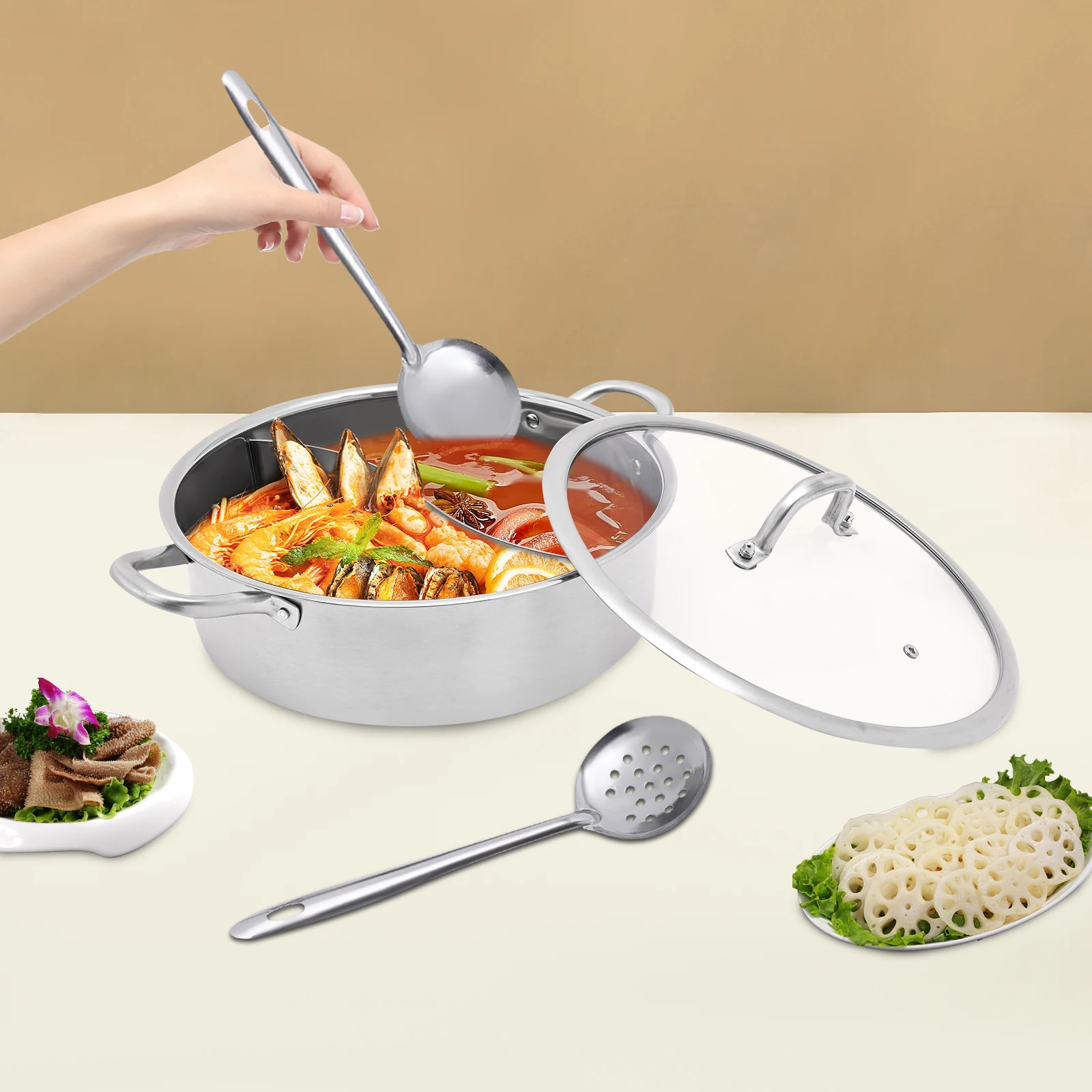 BYAMAOCAR 32 cm/12,6 Zoll Küchen-Hot Pot aus Edelstahl mit Trennwand, Topf mit klarem Glasdeckel, Hot Pot mit Löffel/ undichtem Löffel Image