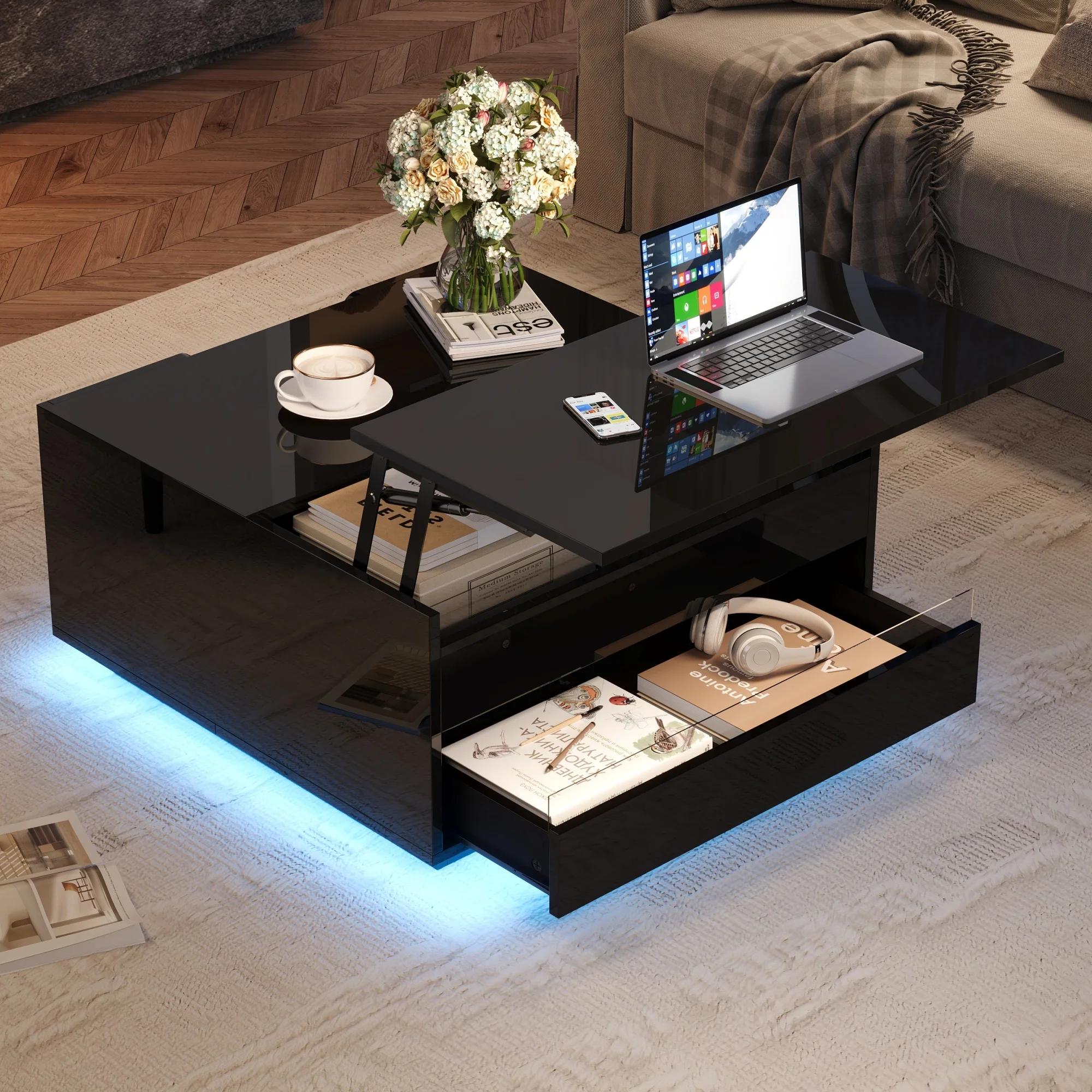 Couchtisch, Anhebbarer kaffeetisch mit LED-Lichtleiste,Sofatisch mit 1 Schublade,mit verstecktem Stauraum und hochklappbaren Türen