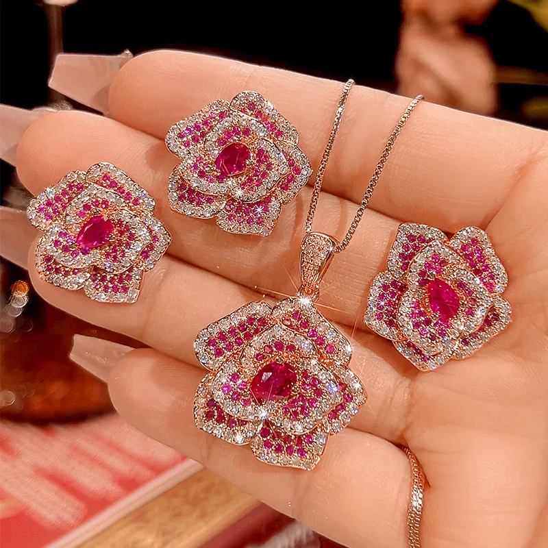 Damen-Rosen-Blumen-Schmuck, verstellbarer Ring, roter Zirkonia, funkelnde Blumen-Halskette, Ohrringe, eleganter Party- und Hochzeitsschmuck