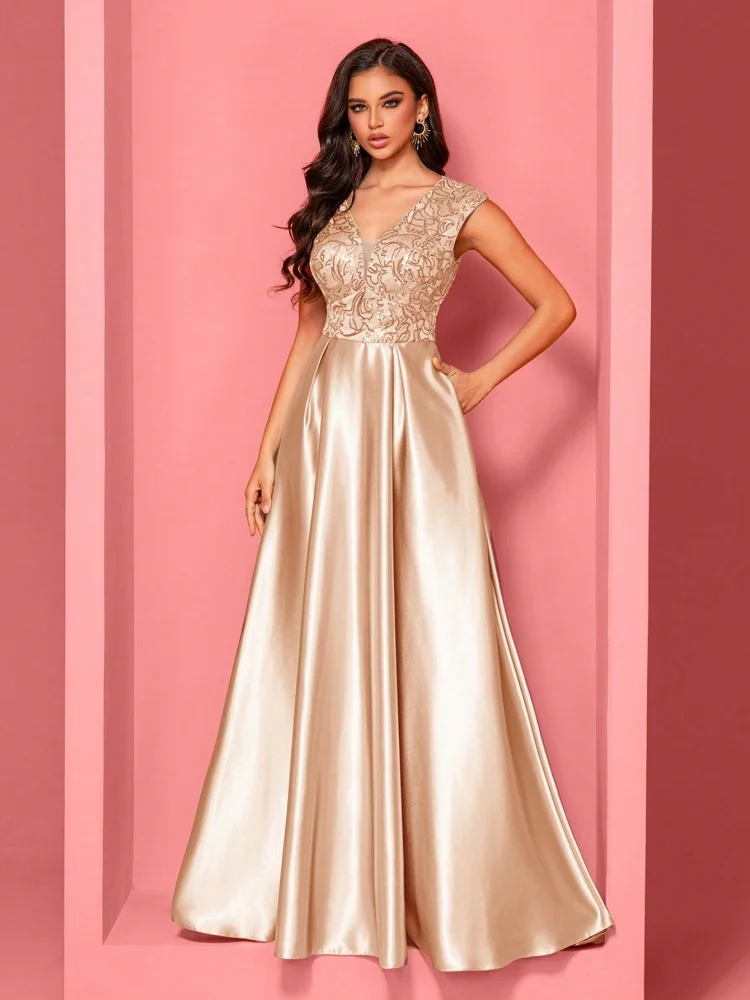Luxuriöses goldenes Satin-Abendkleid mit V-Ausschnitt, elegant, 2025, Damen-Pailletten, Hochzeit, Party, Abschlussball, bodenlang, Cocktailkleid, Abschlusskleider Image