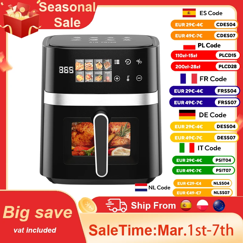 Patbrela 5,5 l Luftfritteuse, 8-in-1-Elektro-Heißofen mit digitalem LED-Bildschirm, sichtbares Fenster, max. 200 ° C 1350W Neue schwarze Fritteuse ohne Fett Image