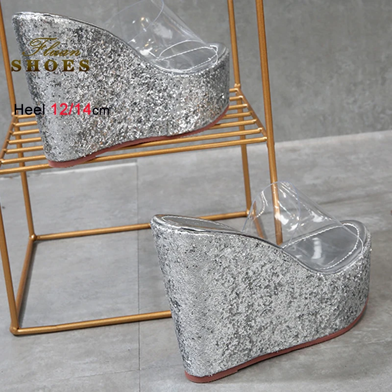 Neue Sommer Schwarz frauen Hausschuhe PVC Sexy Transparent Damen Mit Hohen Absätzen 12CM 14CM Schuhe Mode Pailletten keile Rutschen Größe 35-39