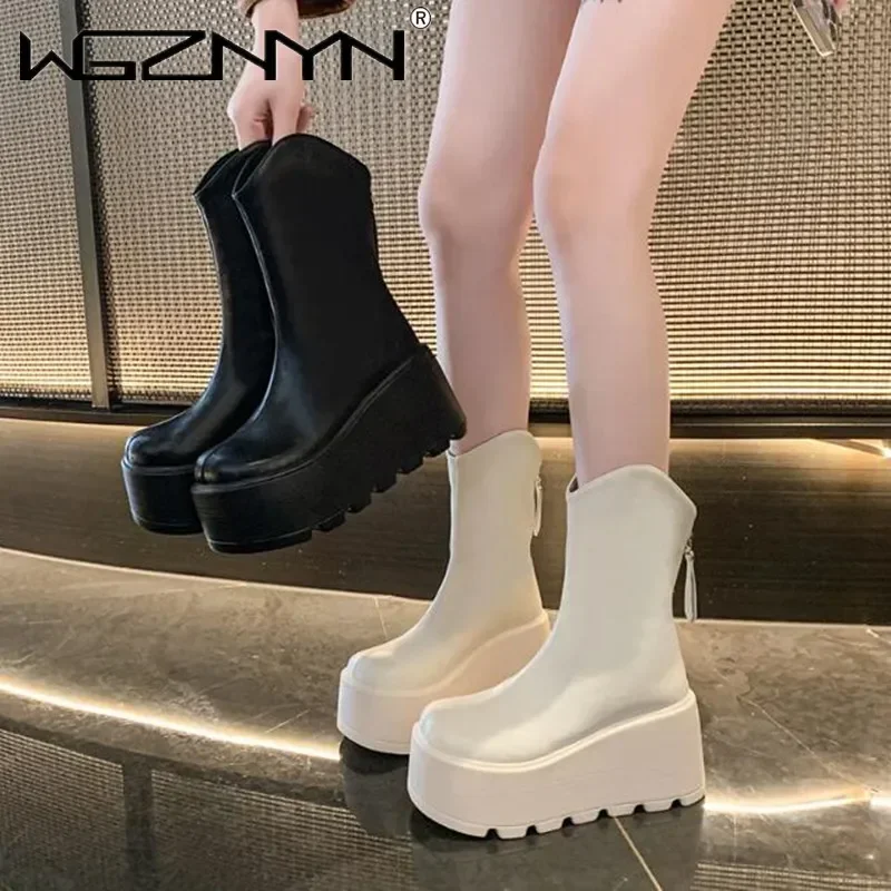 2025 herbst Hohe Plattform Leder Stiefel 8 CM Keil Heels Ankle Boot Frauen Winter Warme Pelz Motorrad Schuhe Chunky Turnschuhe frau