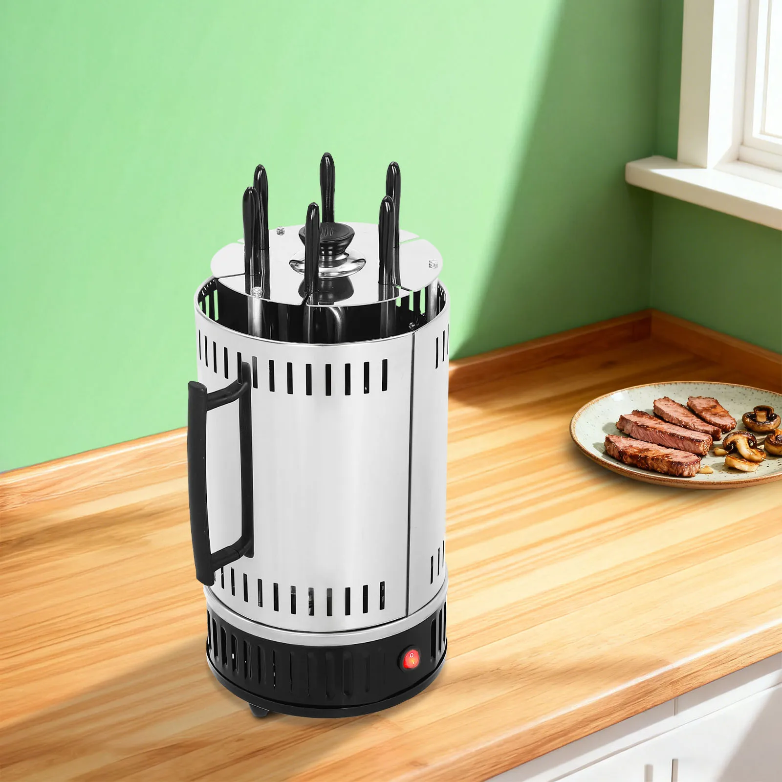 Vertikaler Elektrogrill mit 6 Gabeln, 1000 W, 400–500 ℃ Elektrische Rotationsgrillmaschine für den Heimtisch, Hühnergrill, Grillen im Freien, Picknick Image