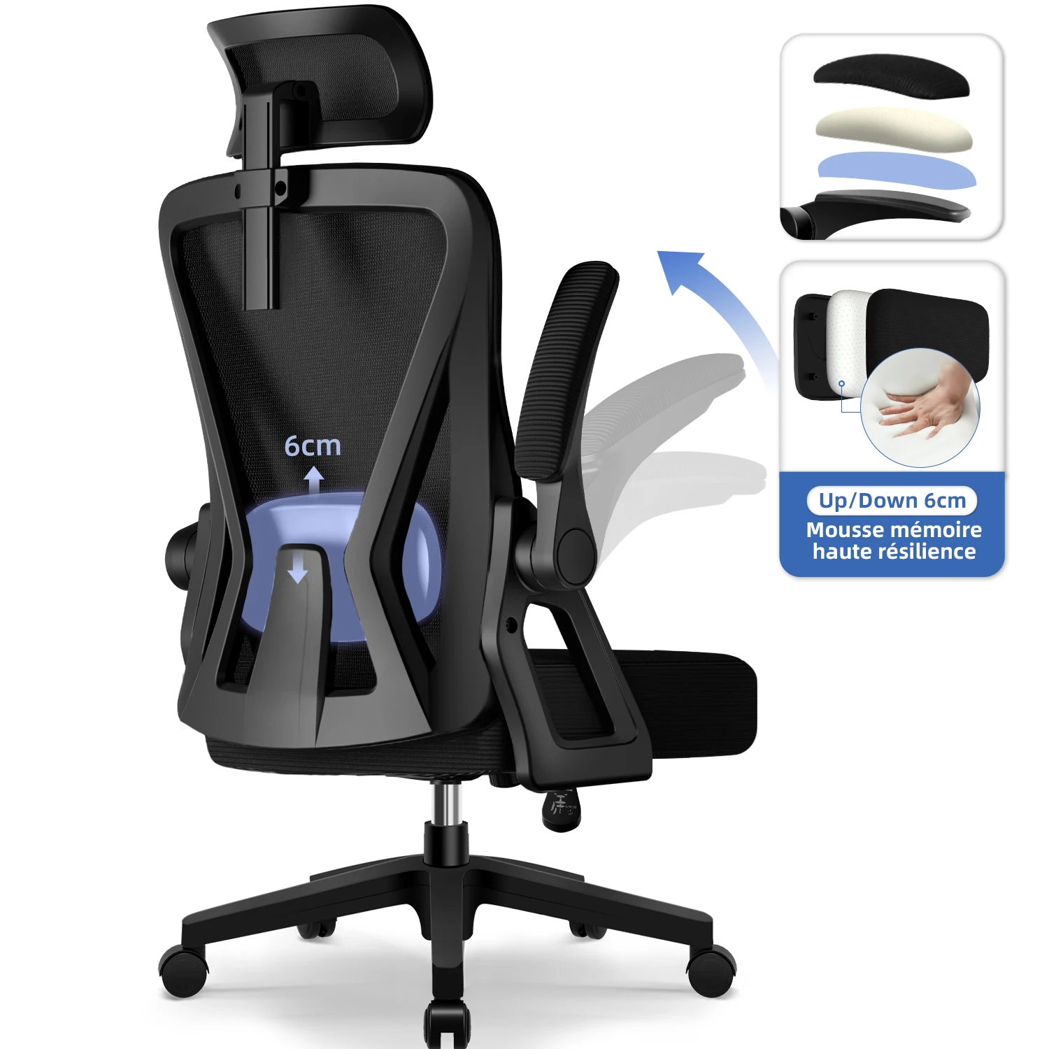 AUTHMIC Bürostuhl – faltbare Armlehnen, verstellbare Rückenlehne, verstellbare Kopfstütze, verstellbare Lendenwirbelsäule, max. 150 kg, Schreibtischstuhl Image