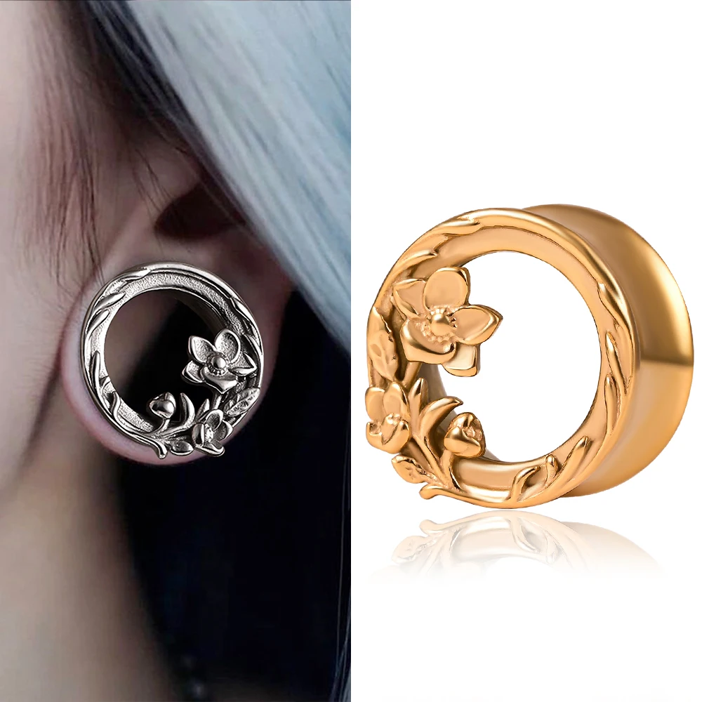 Doearko 2PC Blumen Design Double Flared Ohrstöpsel Expander Frauen Edelstahl Piercing Keil Messgeräte Ohrringe Körperschmuck Image