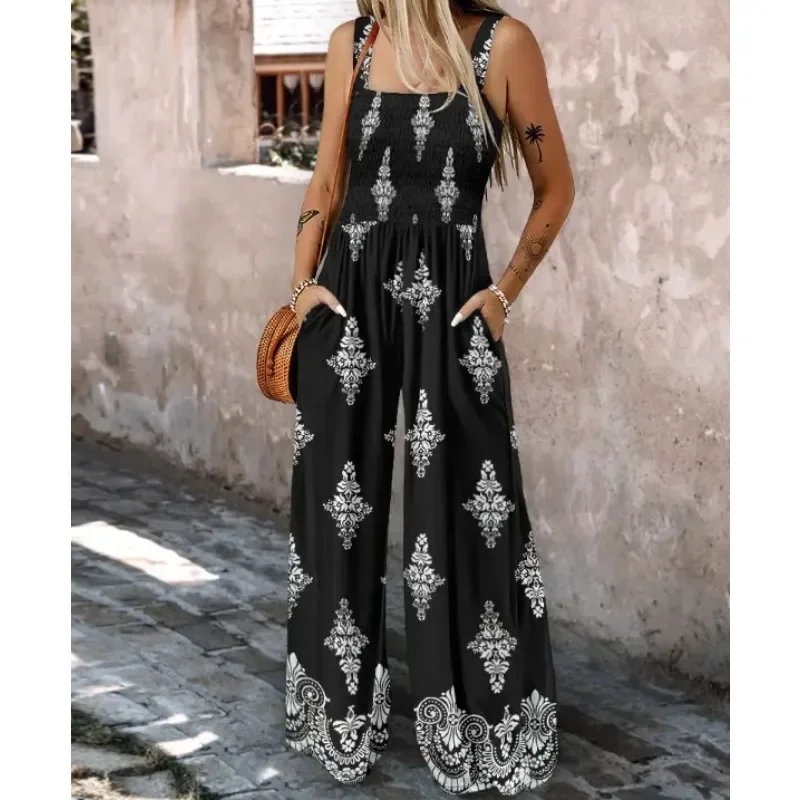 Plus Größe Neue Frauen Drucken Schlinge Ärmellose Overalls Damen Casual Breite Bein Hohe Taille Beiläufige Lose Strampler Image