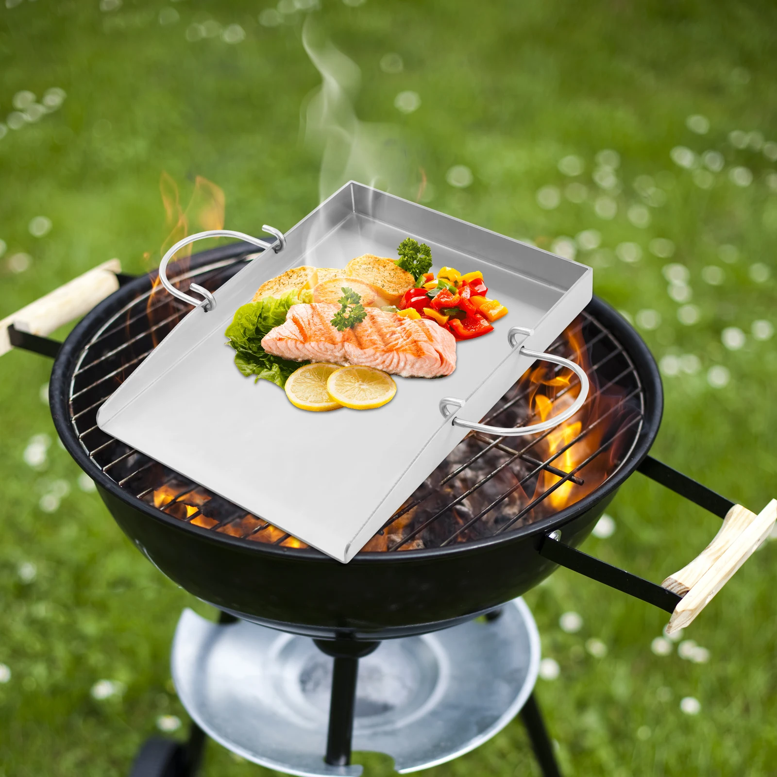 Grillplatte mit Griffen, 2 Grillspatel, 338 ℉ Temperaturtoleranz für Outdoor-Grill, Camping, Familienessen, Hinterhof, Grillen Image