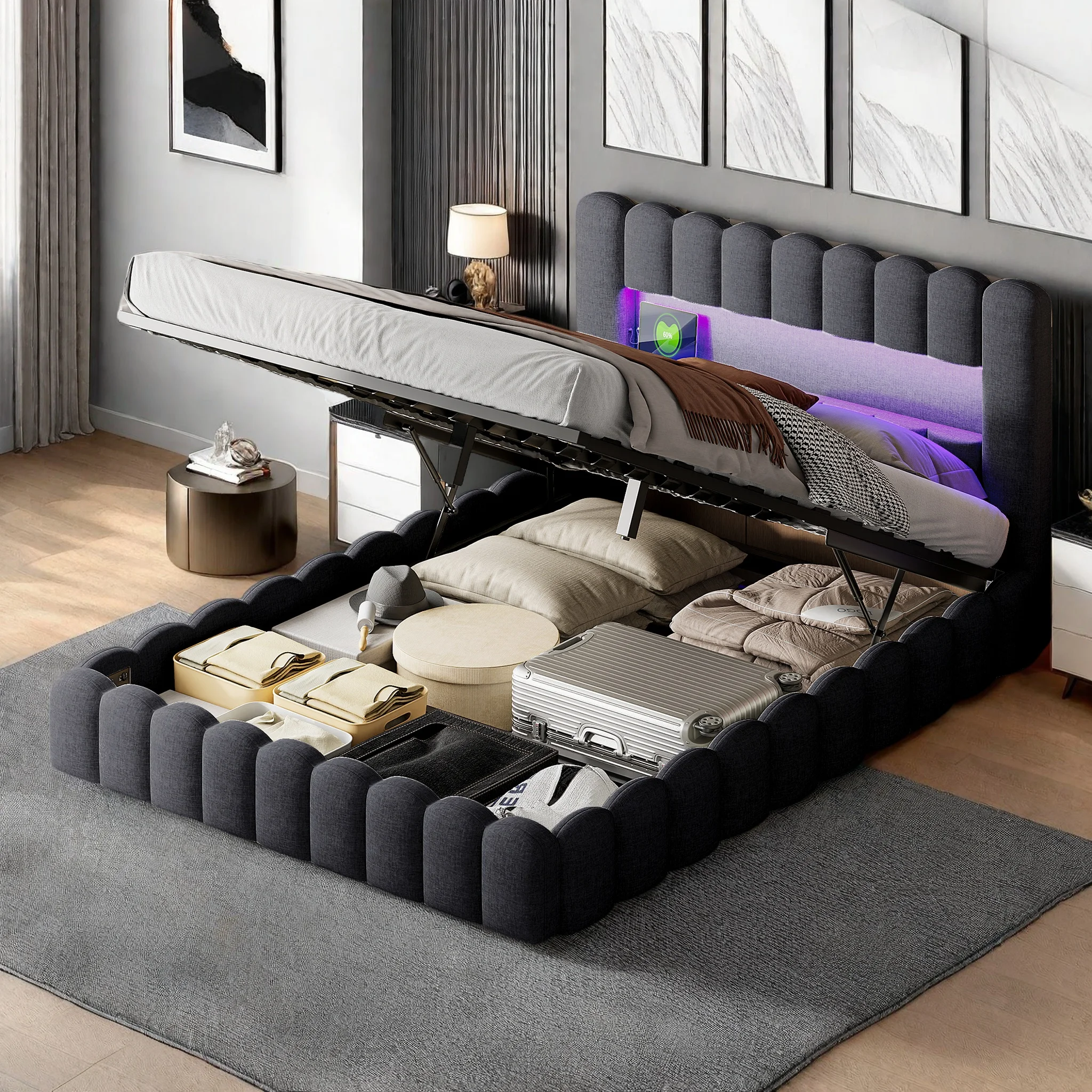 Rosahqnda Polsterbett (140/160/180*200cm) Doppelbett mit Stauraum, LED- und USB-Anschluss, Stauraum, Kopfteil, Bettgestell, Leinen Image