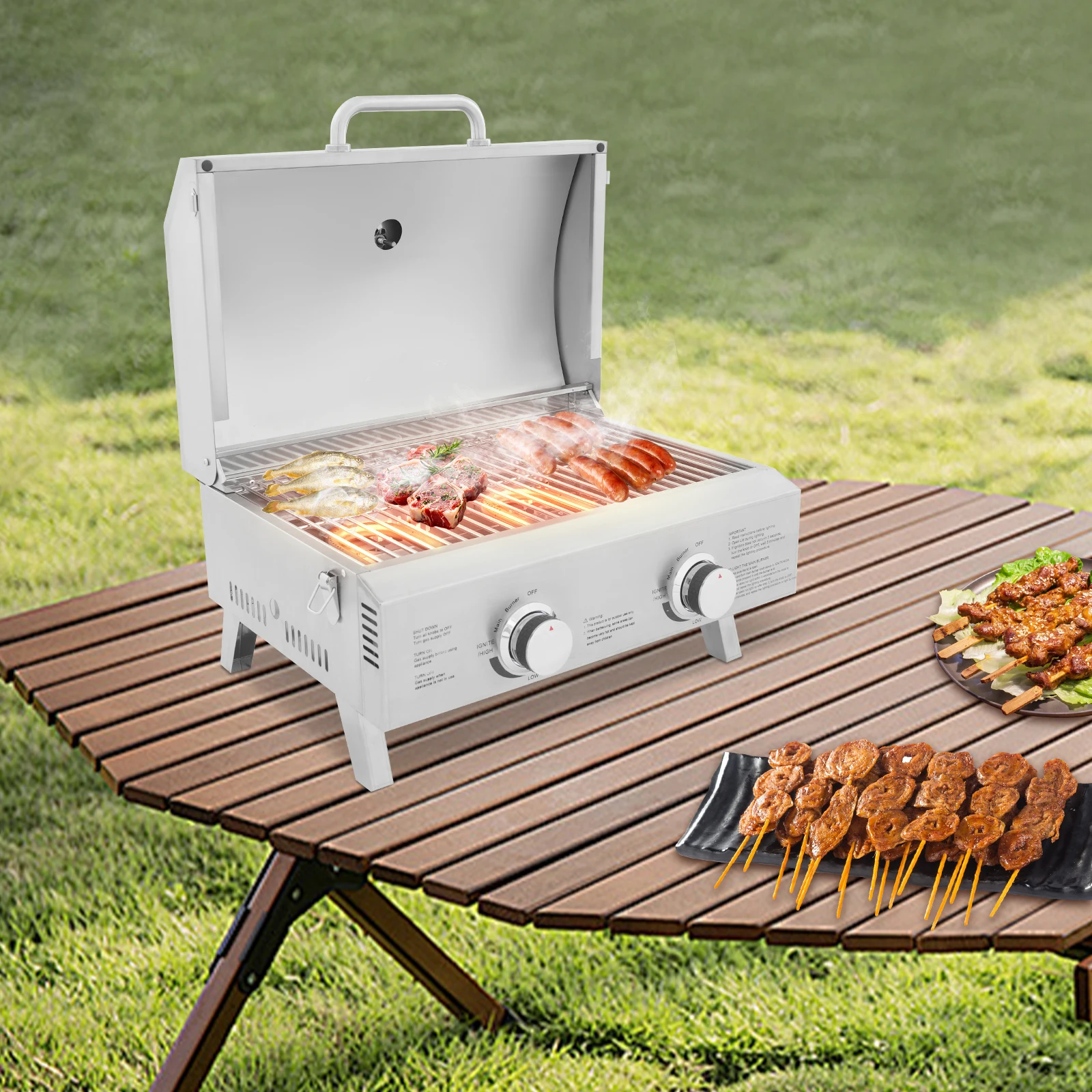 Tragbarer Gasgrill aus gebürstetem Edelstahl mit 2 Brennern, Tisch-Gasgrill für den Außenbereich, 55,8 x 45 x 38 cm, silberner klappbarer Grill Image