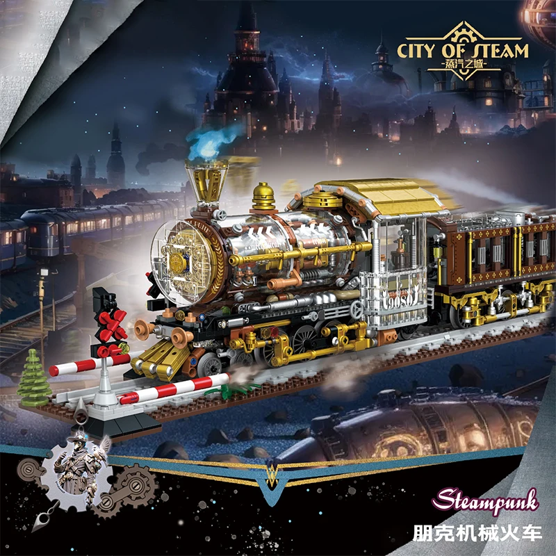 Stadt Technische Punk Mechanische Dampf Zug Baustein, MOC Montage Zug Wohnkultur Ziegel Spielzeug, für Kinder Kinder Jungen Geschenke Image