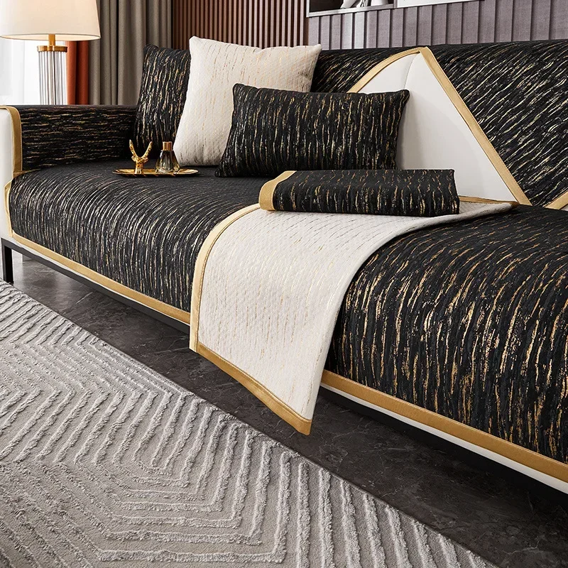 Neue Chenille rutschfeste Sofa-Matte, einfarbig, Heißprägung, Sofabezug für Wohnzimmer, Goldrand, Couch-Kissen, Heim-Couchbezüge Image