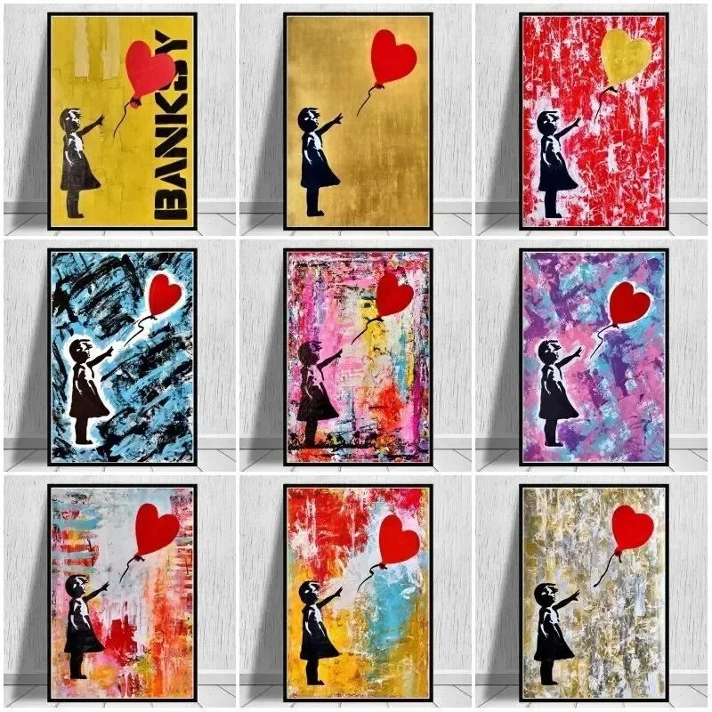 Von Banksy inspiriertes abstraktes Graffiti-Kunstmädchen mit einem Ballon, Poster und Drucke, Wandkunst, Leinwandgemälde, Bilder, Heimdekoration