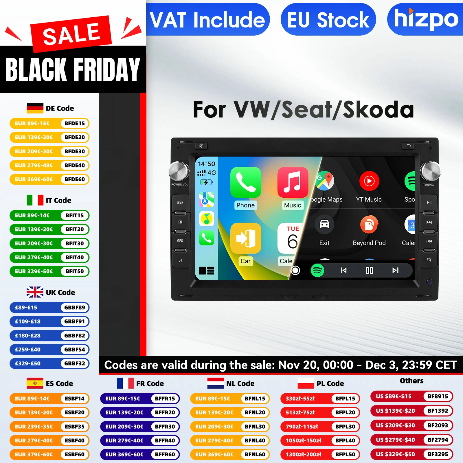 Hizpo 2 Din Android 14 Auto-Multimedia-Player für VW Golf 4 Passat POLO Transport T5 GPS Carplay 4G Intelligenter Bildschirm Autoradio Image