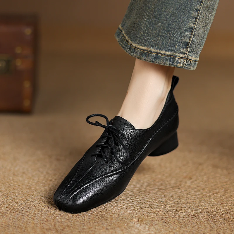 Women Casual Low-heel Shoes Genuine Leather Soft Comfort Low Heels Loafers Shoes Spring 2025 New Office Lady Daily Size 34-40