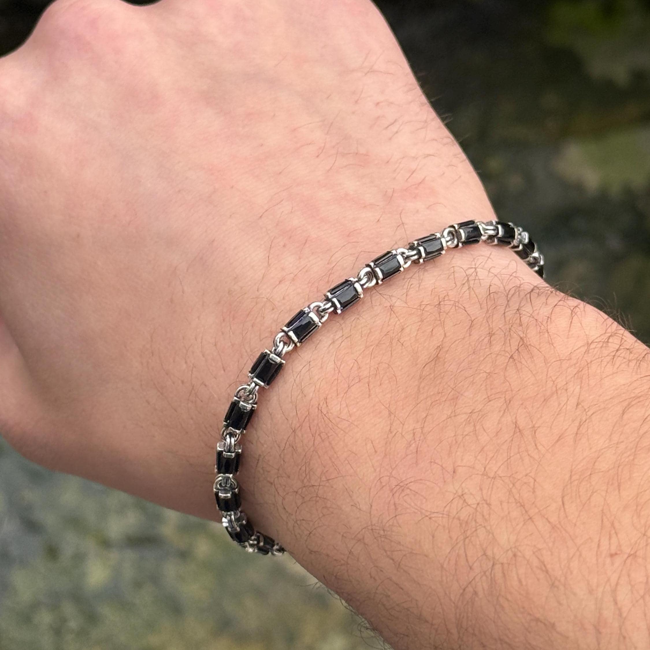 Bracciale a catena con maglie in onice nero in argento 925, bracciale a catena con maglie bizantine da uomo, bracciale a catena di Bali, catena in arg