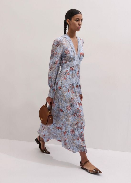 Silk Delicate Paisley Print Fit And Flare Maxi Dress/Multi - White - ME+EM Dresses