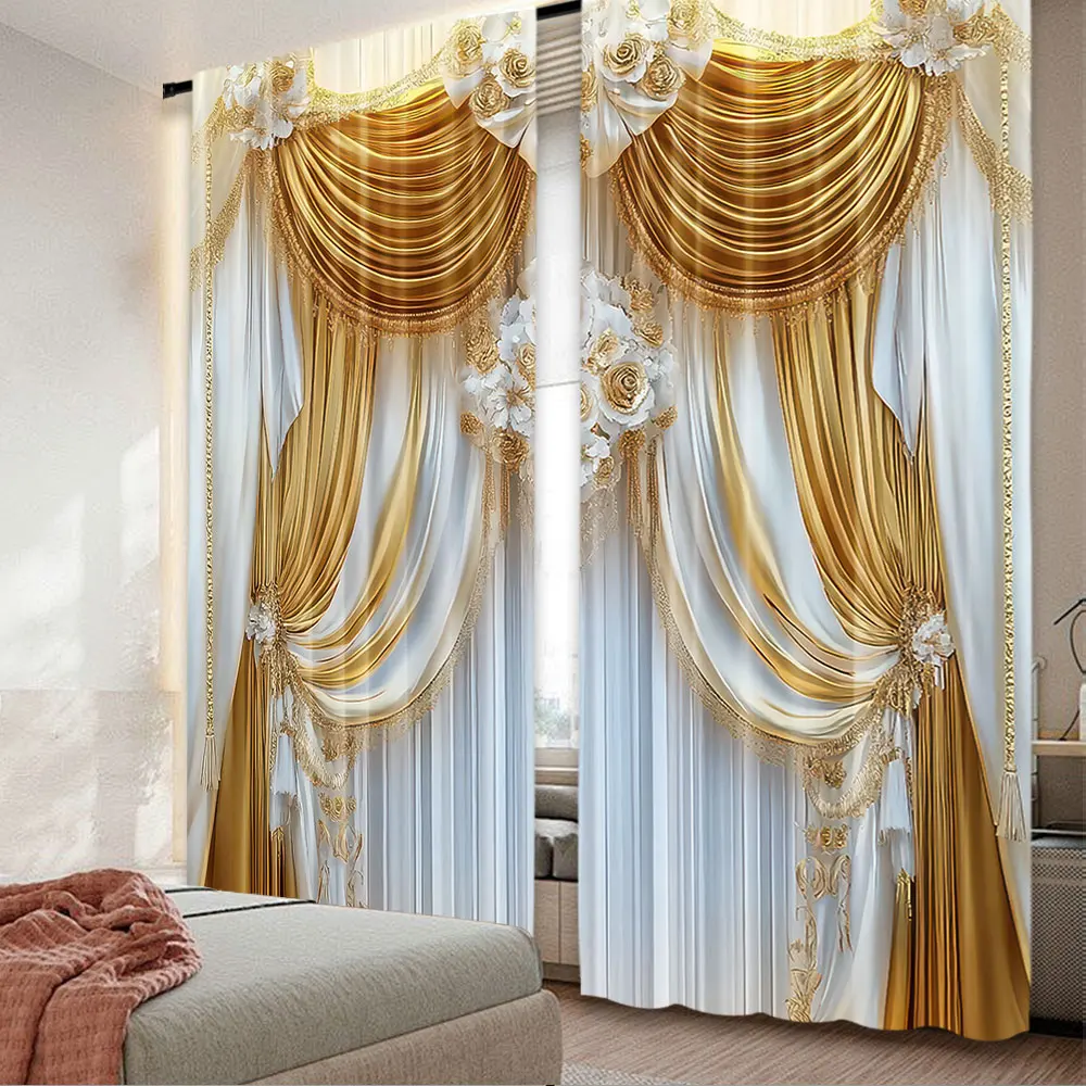 2 Stück gelbe und weiße Blumenvorhänge für Wohnzimmer, Schlafzimmer, Küche, maschinenwaschbar, Polyester, Heimdekoration Image