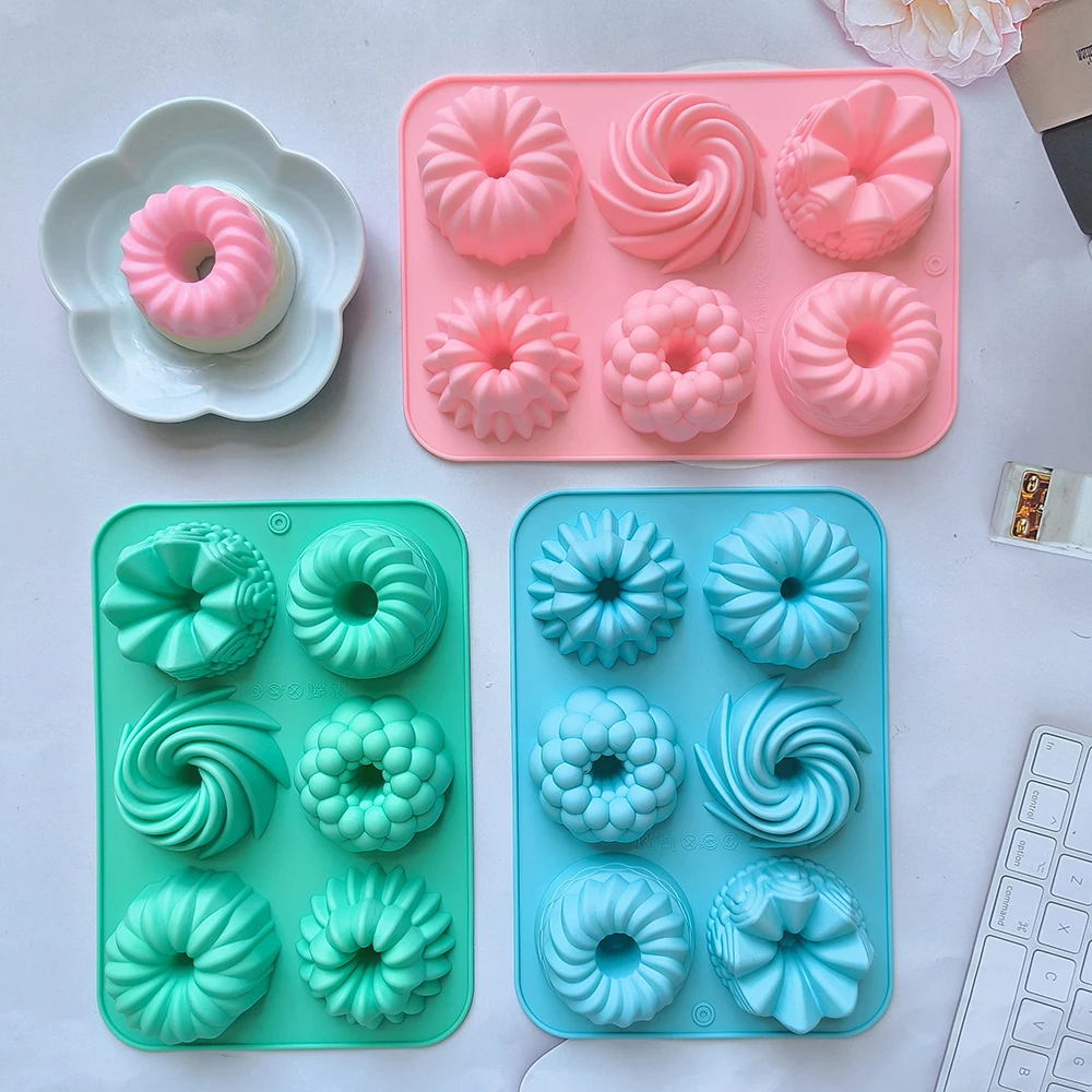 1/3 Stück Silikon-Donut-Backformen, mehrfarbige Donut-Pfannen, 6-Cavity-Designs, Donut-Blume und Wirbelform, geeignet zum Backen Image