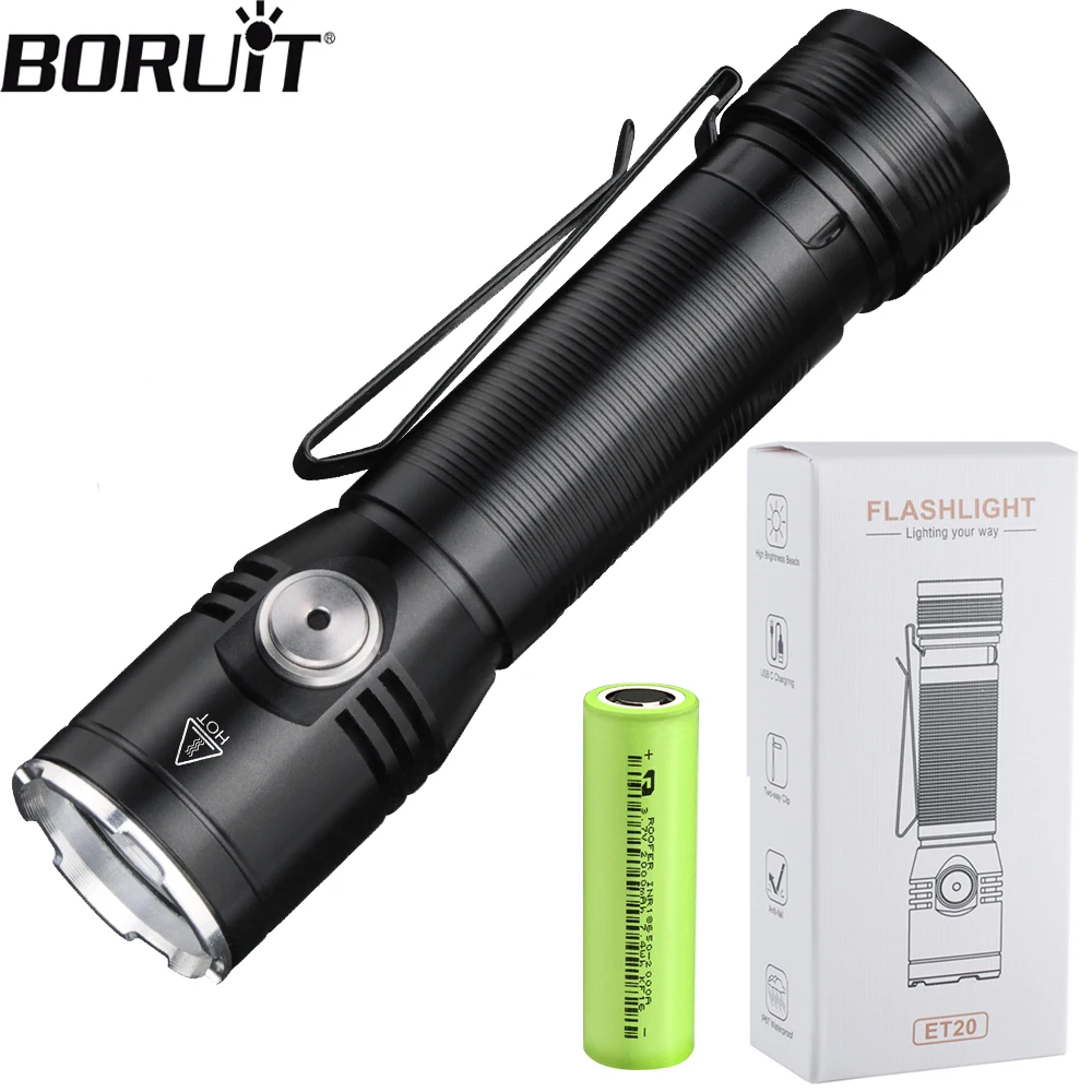 BORUiT LED-Taschenlampe, superhell, 18650 Akku, Typ C, wiederaufladbare Taschenlampe, wasserdicht, für den Außenbereich, Angeln, Handlampe, Camping-Laterne Image